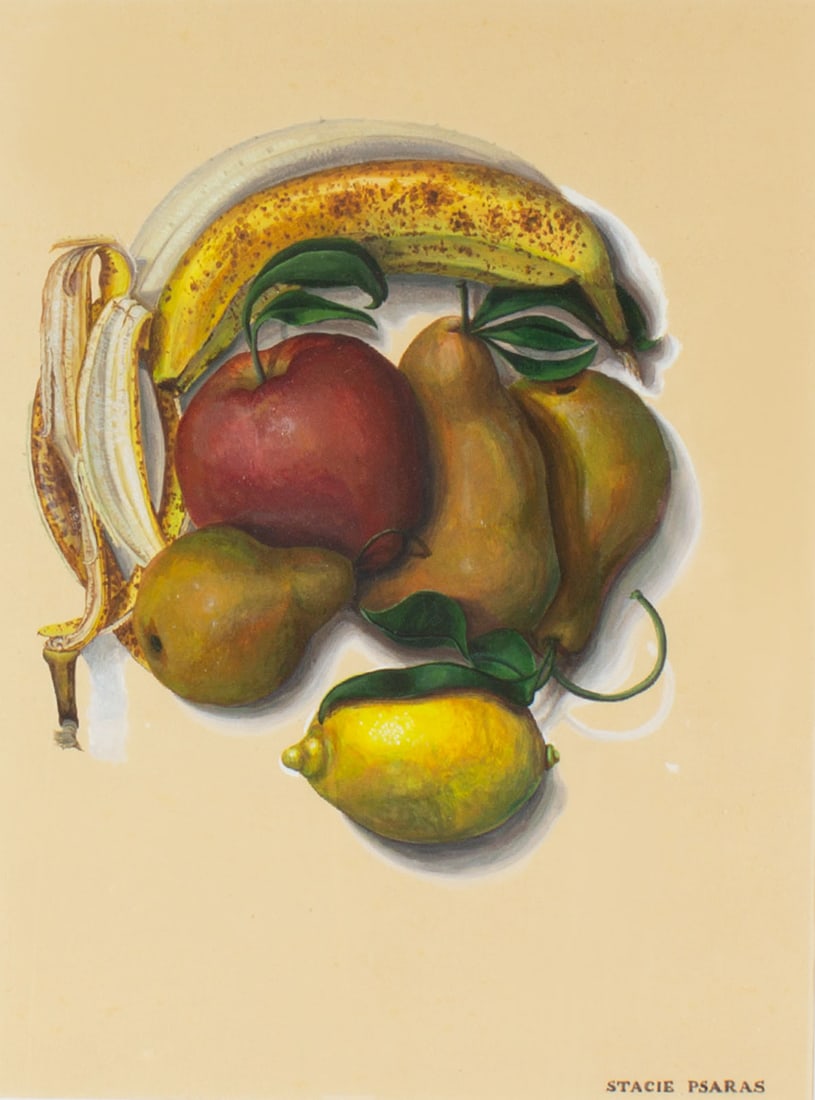 Stacie Psaras Oil on Paper Painting of Fruit: Oil on paper still life painting of fruit by Stacie Psaras. Signed lower right. Measurements: 18" W x 22" H x .75" D (frame); 12" W x 16" H (sight). In