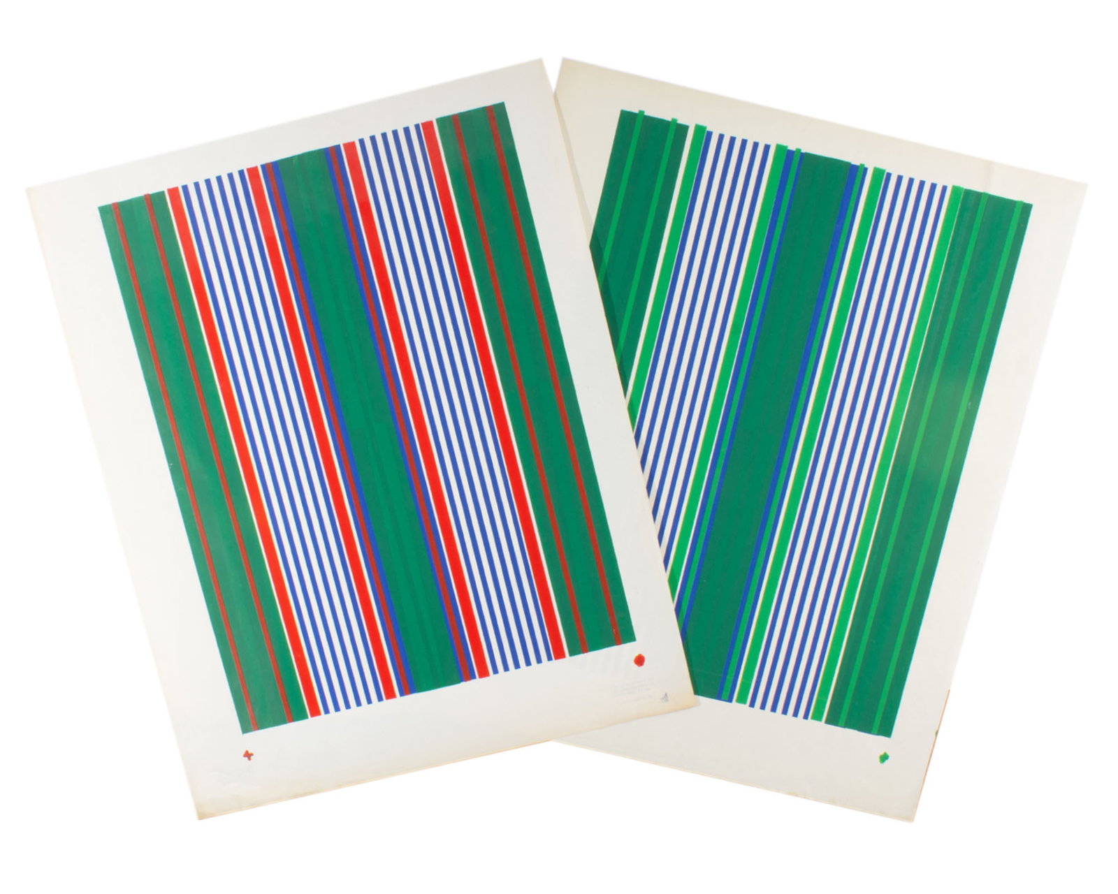 Walter Stomps Abstract Screen Prints: Two abstract screen prints by Walter Stomps, Jr. (American; 1929-2020). Unsigned, both estate stamped verso. Measurements: 23" W x 29" H (single sheet, both measure the same). &