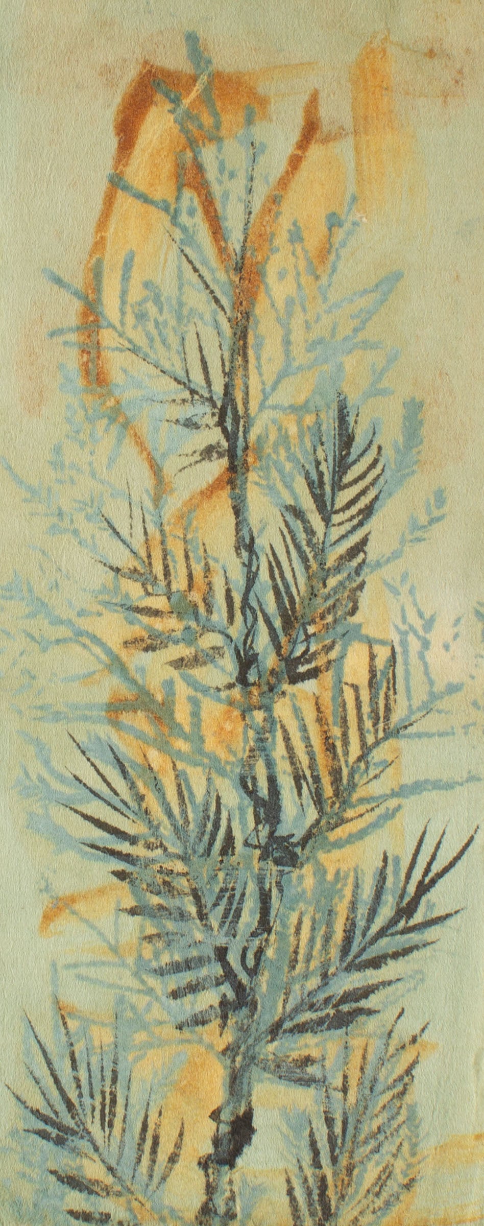 Walter Stomps Relief Print of Leaves: Relief print of leaves by Walter Stomp, Jr. (American; 1929-2020). Unsigned, marked "W. Stomps" verso. Sheet attached to heavy paper. Measurements: 3.5" W x 8.5" H (sheet);
