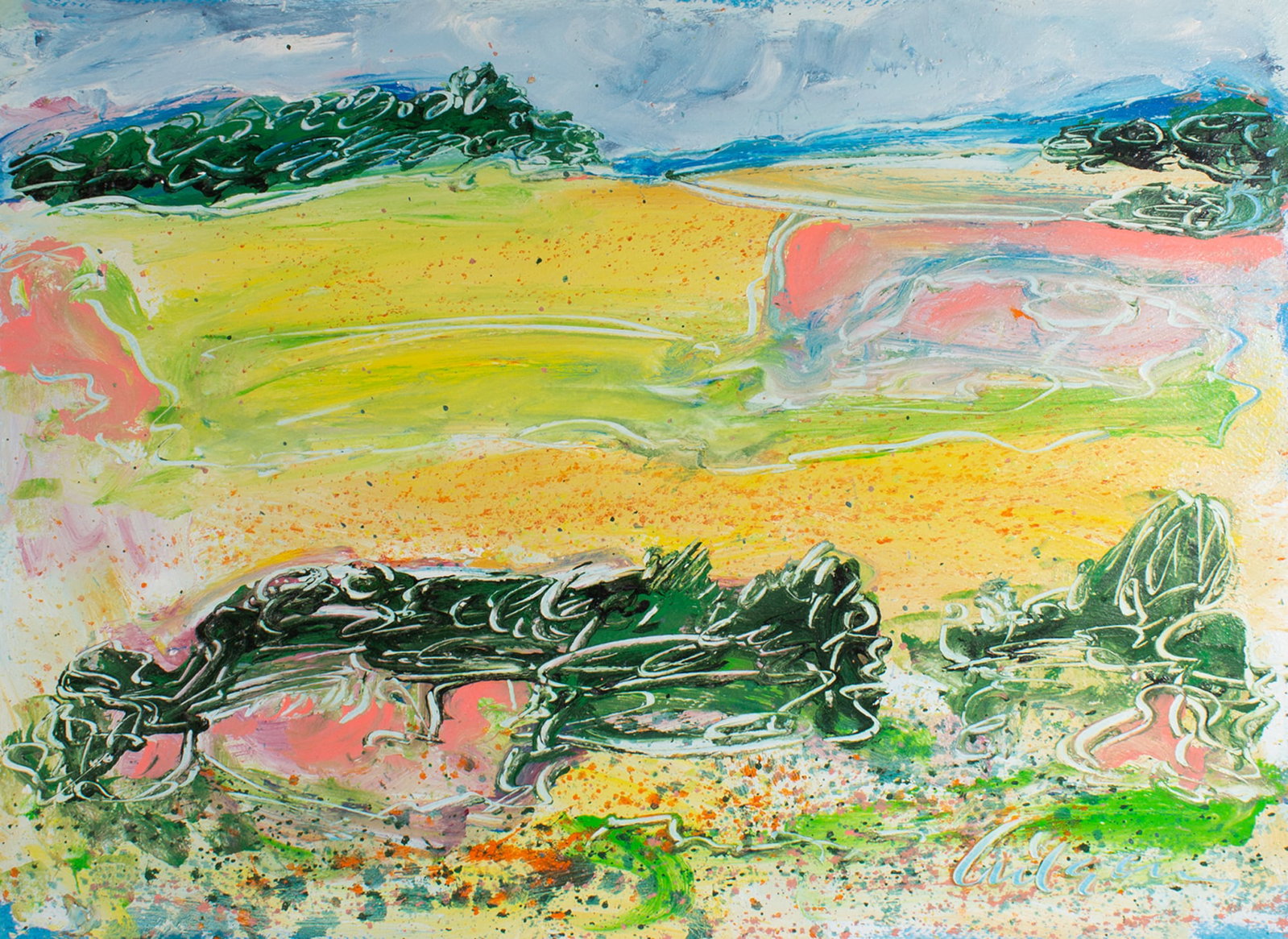 Harry Hilson 1980s “Spring Landscape" Abstract Acrylic on Paper Painting: 1980s acrylic on paper abstract landscape painting, titled Spring Landscape, by Harry Hilson (American; 1935-2004). Signed lower right, titled verso. Measurements: 30" W x 22" H. In house shipping