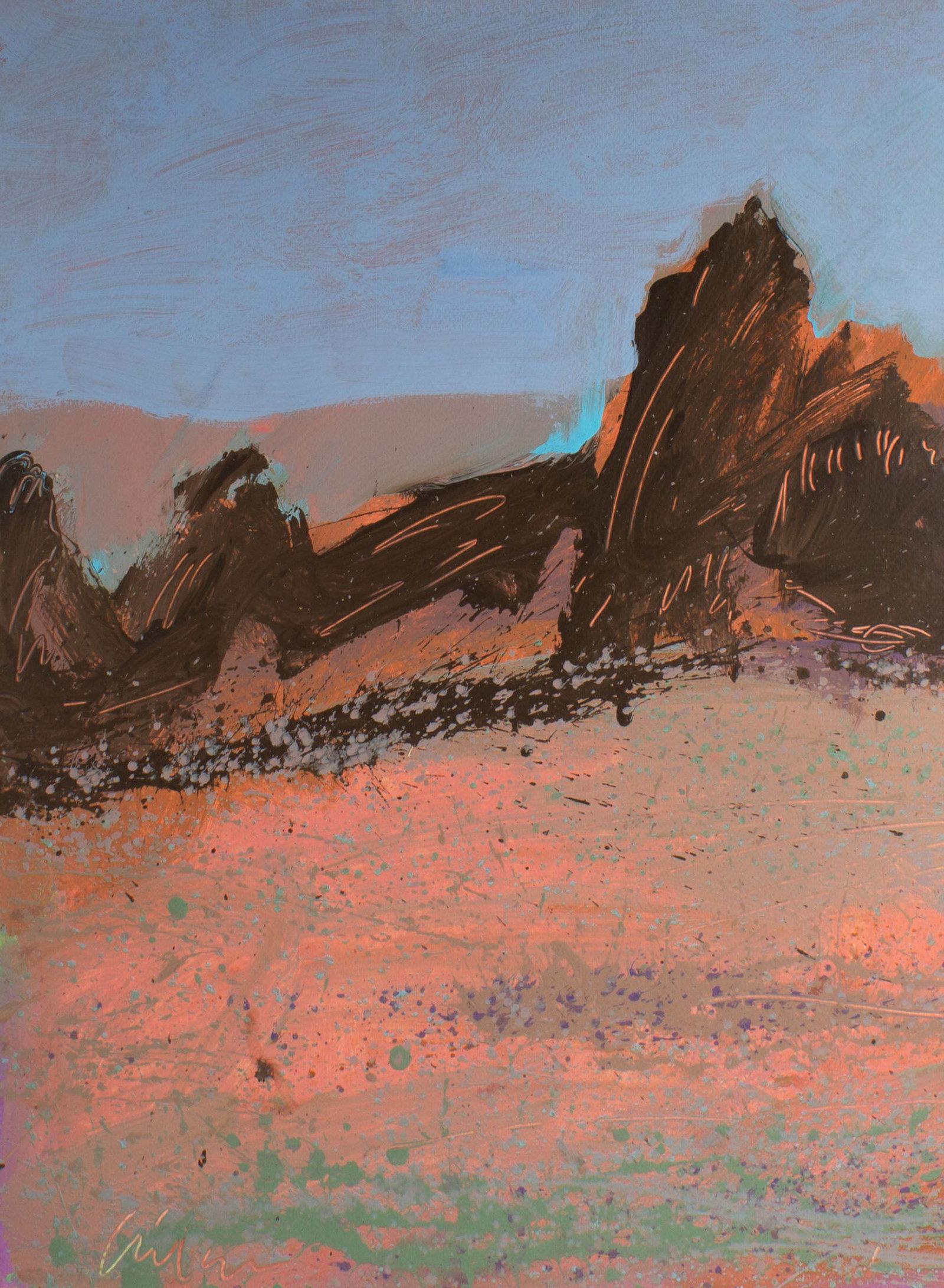 Harry Hilson 1980s Abstract Landscape Acrylic Painting: Acrylic on paper abstract landscape painting by Harry Hilson (American; 1935-2004). Signed lower left. Measurements: 22" W x 30" H . In house shipping available. From Sh