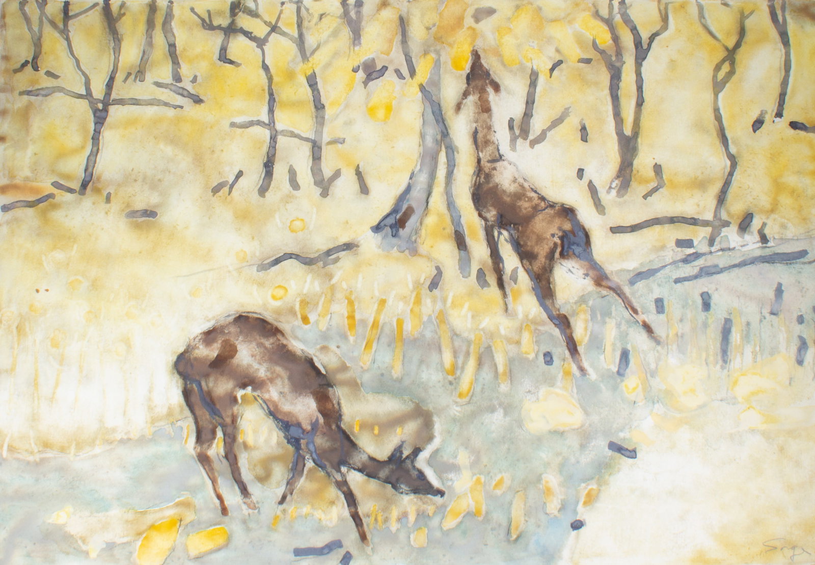 Walter Sorge Watercolor Painting of Deer: Watercolor painting of deer at the edge of a wood by Walter Sorge (Canadian; 1931-2021). Signed lower right. Measurements: 37.75" W x 25.5" H (sheet); 34" W x 23.5" H (image