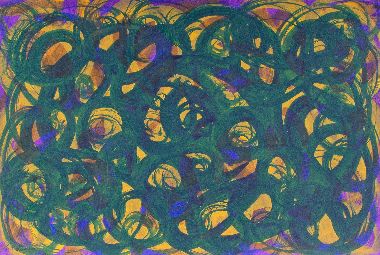 Steven Conant 1991 Acrylic on Paper Abstract Paining: 1991 abstract acrylic on paper painting by Steven Conant (American; 20th/21st century). Signed to lower left and dated to the verso. Measurements: 10" W x 15" H. In house shipping 