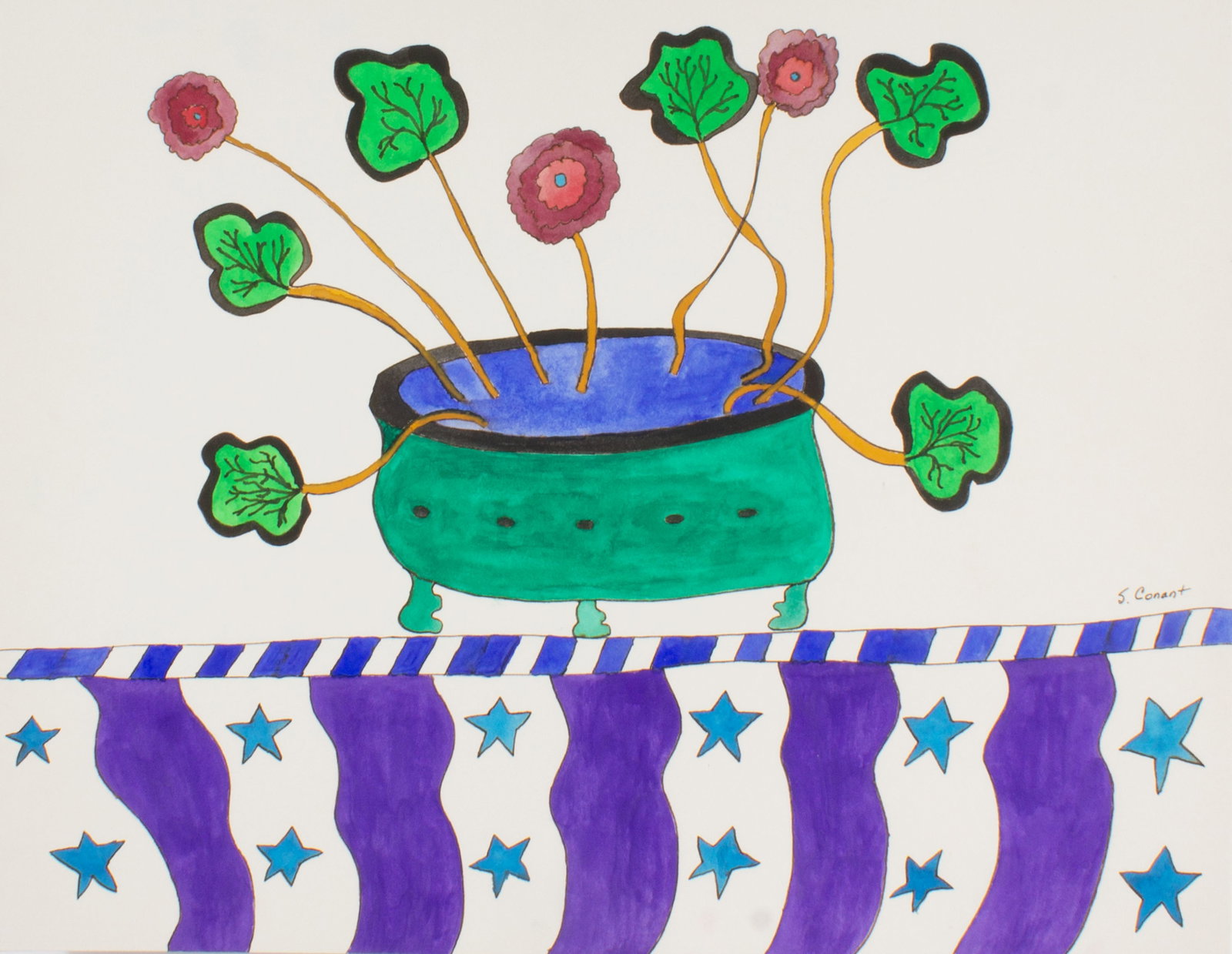 Steven Conant 1991 "Fictitious Flowers" Gouache on Board Painting: 1991 gouache on board still life painting, titled Fictitious Flowers, by Steven Conant (American; 20th/21st century). Signed to lower left and dated to the verso. Measurements: 18" W x 