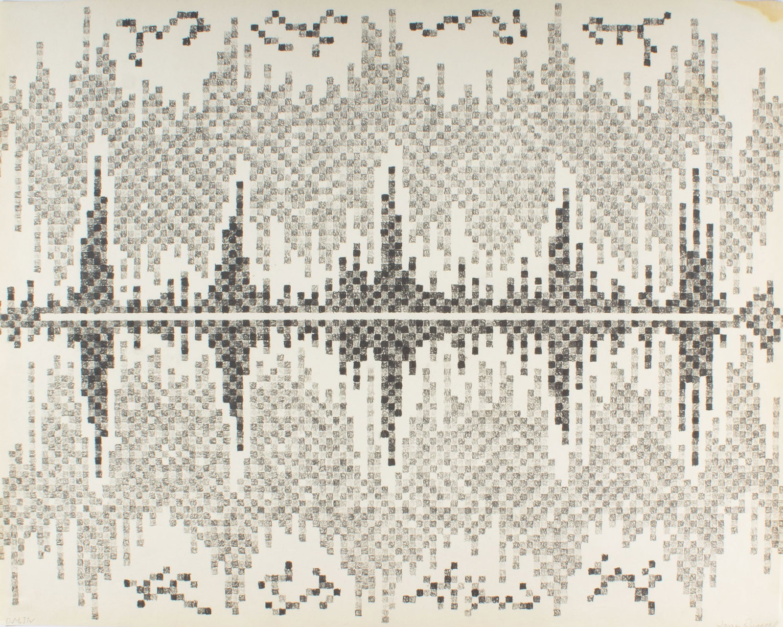 James Spencer Russell Graphite Drawing: Graphite drawing, titled D.M.I iv, by Indiana artist James Spencer Russell (American; 1915-2000). Signed lower right. Measurements: 29" W x 23" H. In house shipping availa