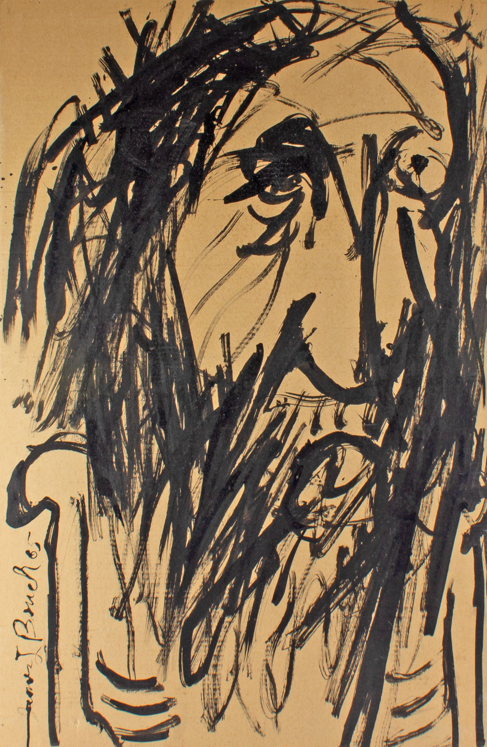 James L. Bruch 1965 Abstract Portrait Painting on Cardboard: 1965 abstract portrait painting on cardboard by James L. Bruch (American; 1942-2023). Signed and dated to edge. Measurements: 25.5" W x 38" H. In house shipping avail