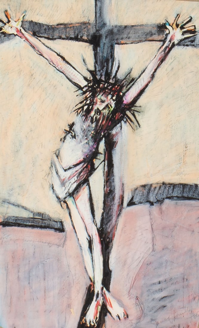 James L. Bruch 1968 Mixed Media Painting of the Crucifixion: 1968 mixed media painting on paper depicting Christ's Crucifixion by James L. Bruch (American; 1942-2023). Signed and dated to lower right. From the artist's estate. Measurements: 