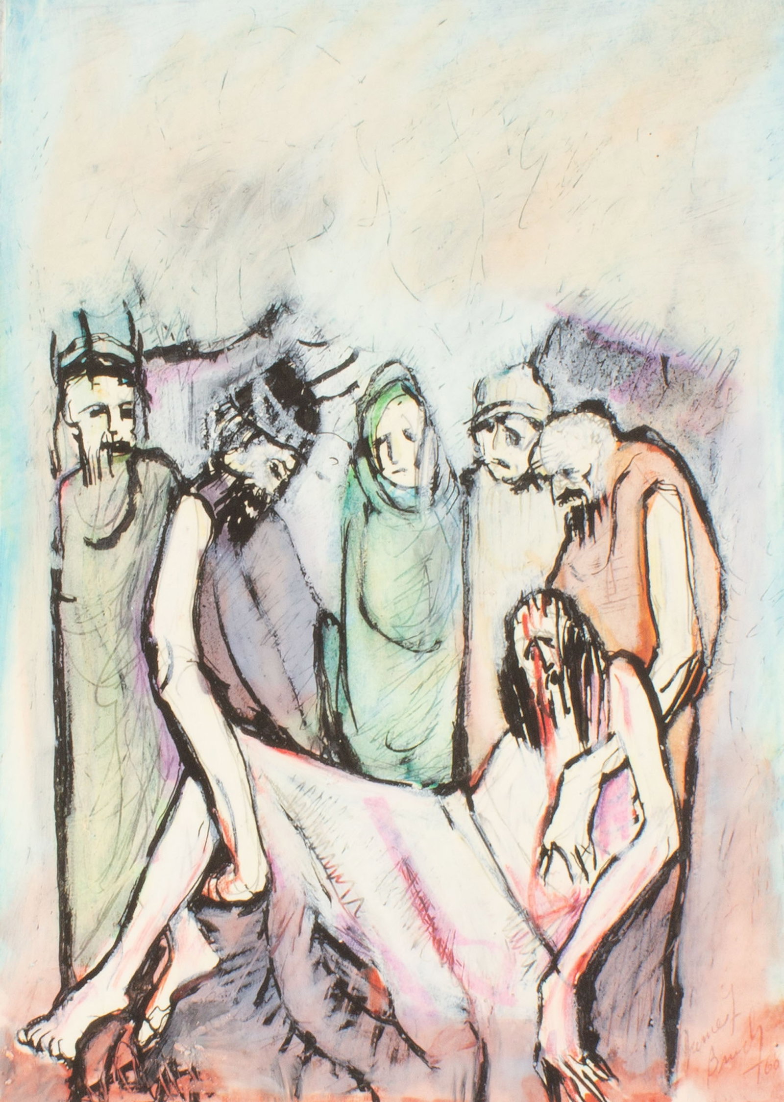 James L. Bruch 1968 Mixed Media Painting of Christ's Cruxifixion: 1968 mixed media painting on paper of Christ's crucifixion by James L. Bruch (American; 1942-2023). Signed and dated to lower right. Measurements: 8.75" H x 6.5" W
