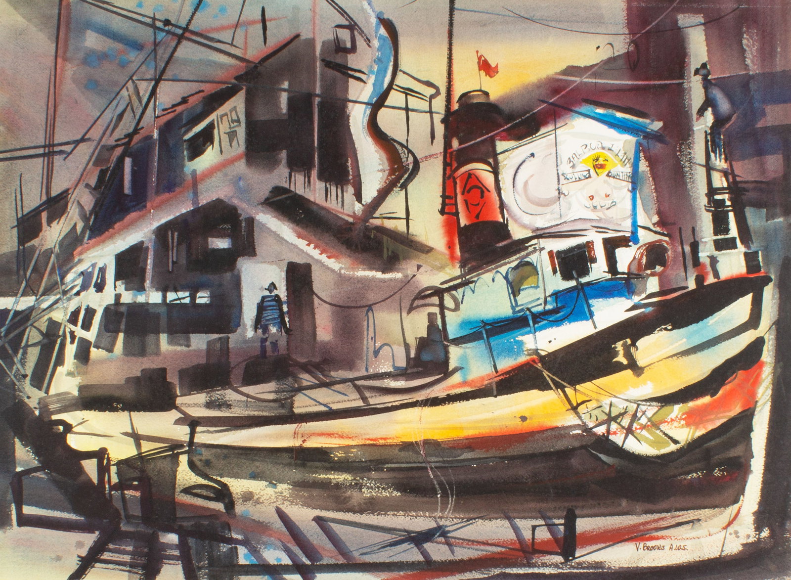 Virginia Brooks Watercolor of a Steamboat: Watercolor painting of a steamboat by Virginia Brooks (American; 1925-2021). Signed lower right. Measurements: 29.25" W x 21.5" H. In house shipping available. From