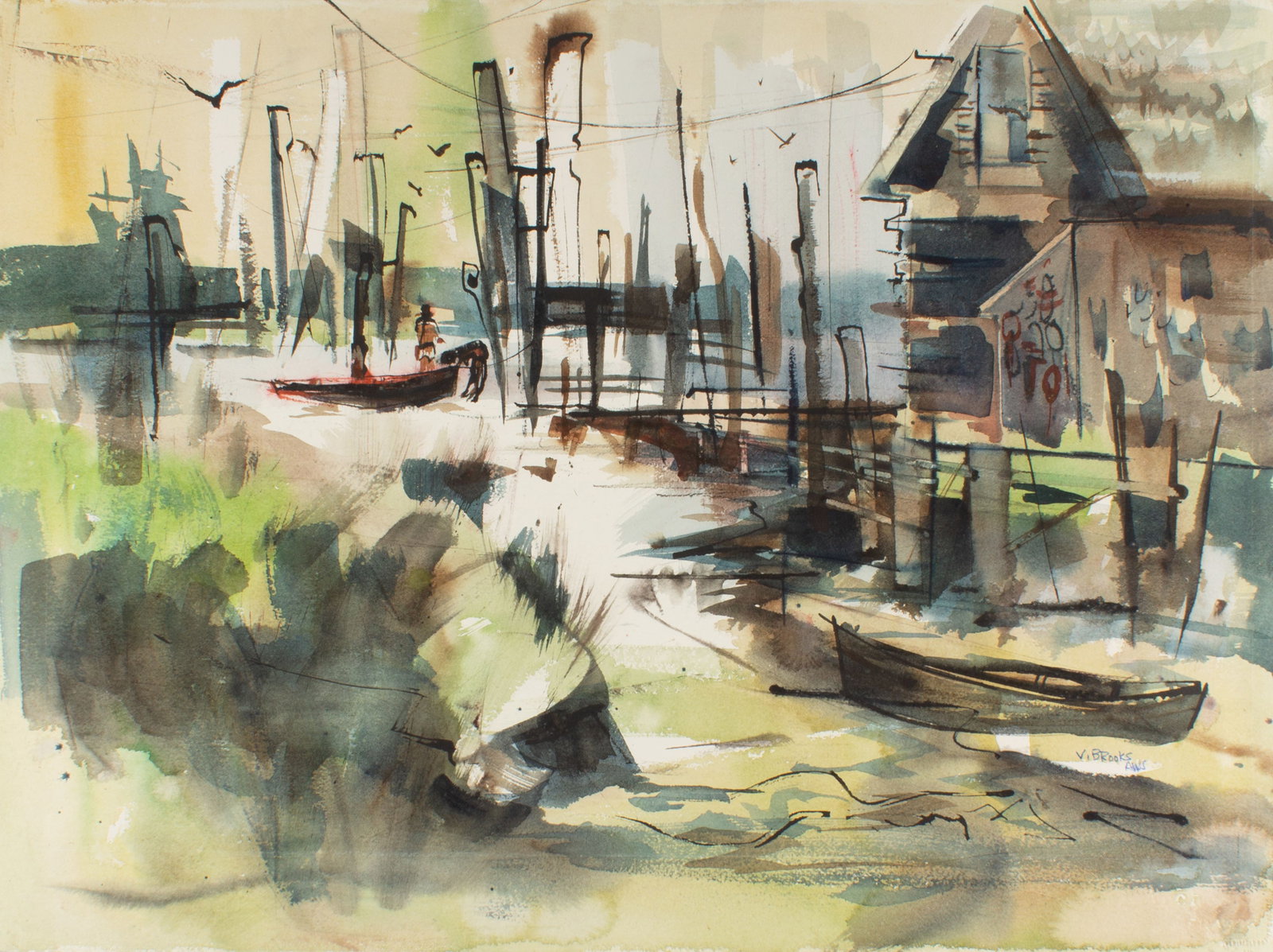 Virginia Brooks Watercolor Painting of a Harbor (1 of 4)