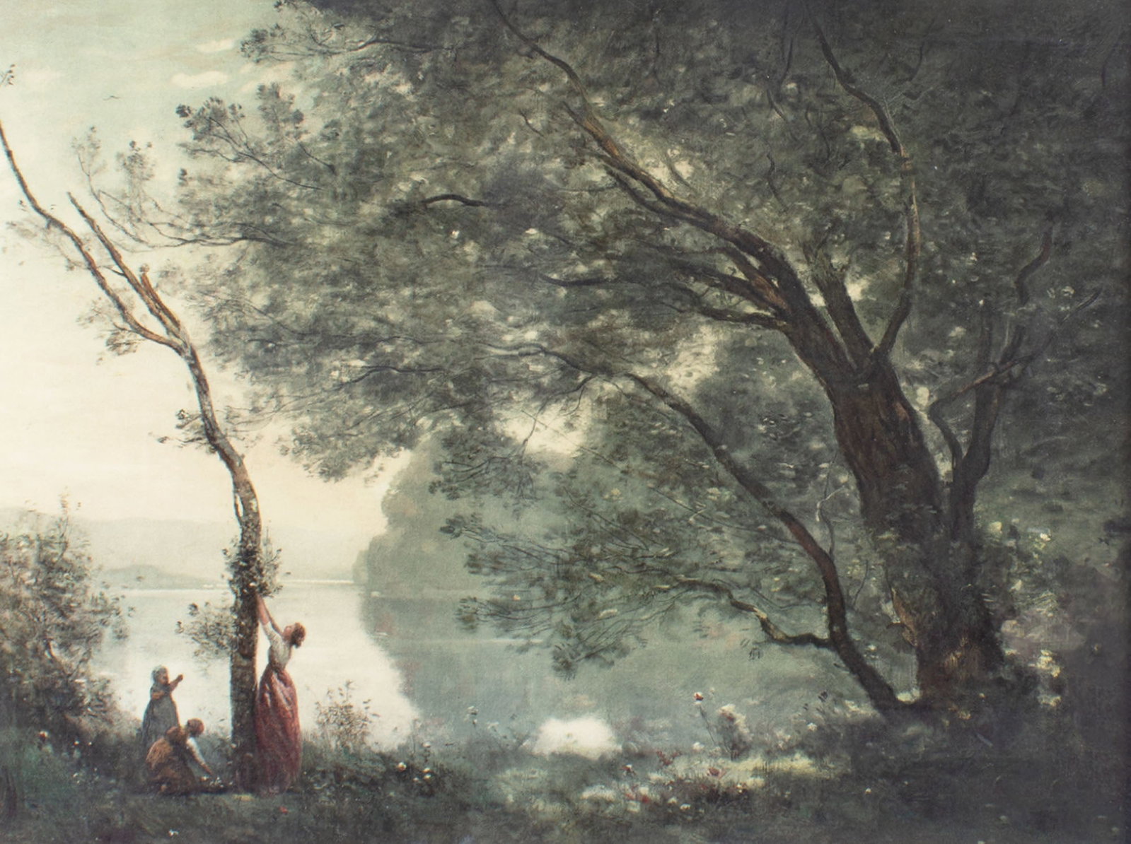 After Jean-Baptiste-Camille Corot "Souvenir de Mortefontaine" Print: Antique print after the painting Souvenir de Mortefontaine by Jean-Baptiste-Camille Corot (French; 1796-1875). Measurements: 30.5" W x 23.5" H x 1.5" D (frame). 