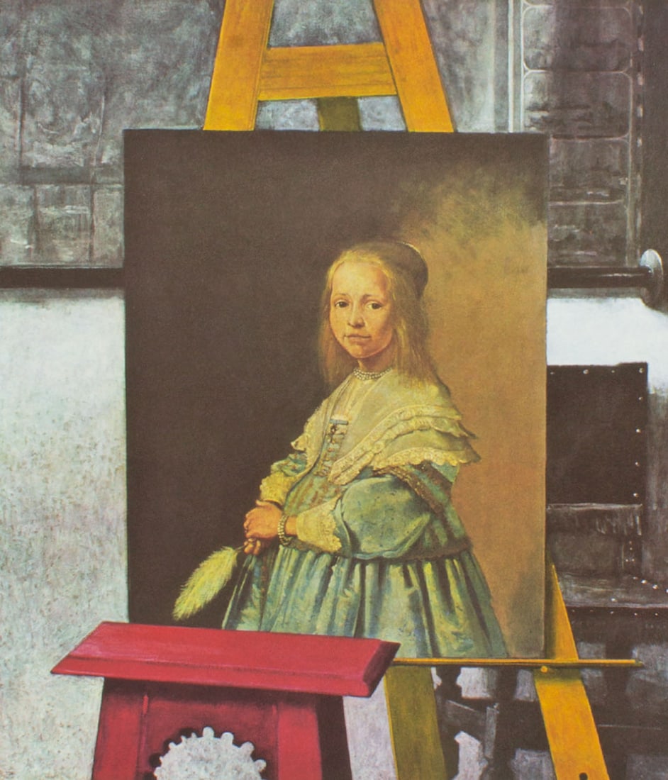 George Deem "A Dutch Portrait at Vermeer's Easel" Print: Print titled A Dutch Portrait at Vermeer's Easel by George Deem (American; 1932-2008). Signed in pencil lower right, marked "P/P" for printer's proof lower left. 