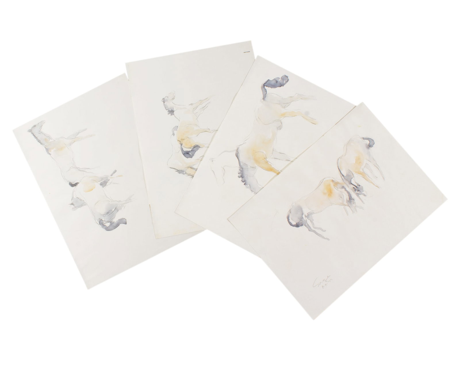 Walter Sorge 1977 Watercolor Paintings of Horses: Four 1977 watercolor paintings of horses by Walter Sorge (Canadian; 1931-2021). Each painting is signed and dated. Measurements: 13" W x 9.5" H (single sheet, each measures the