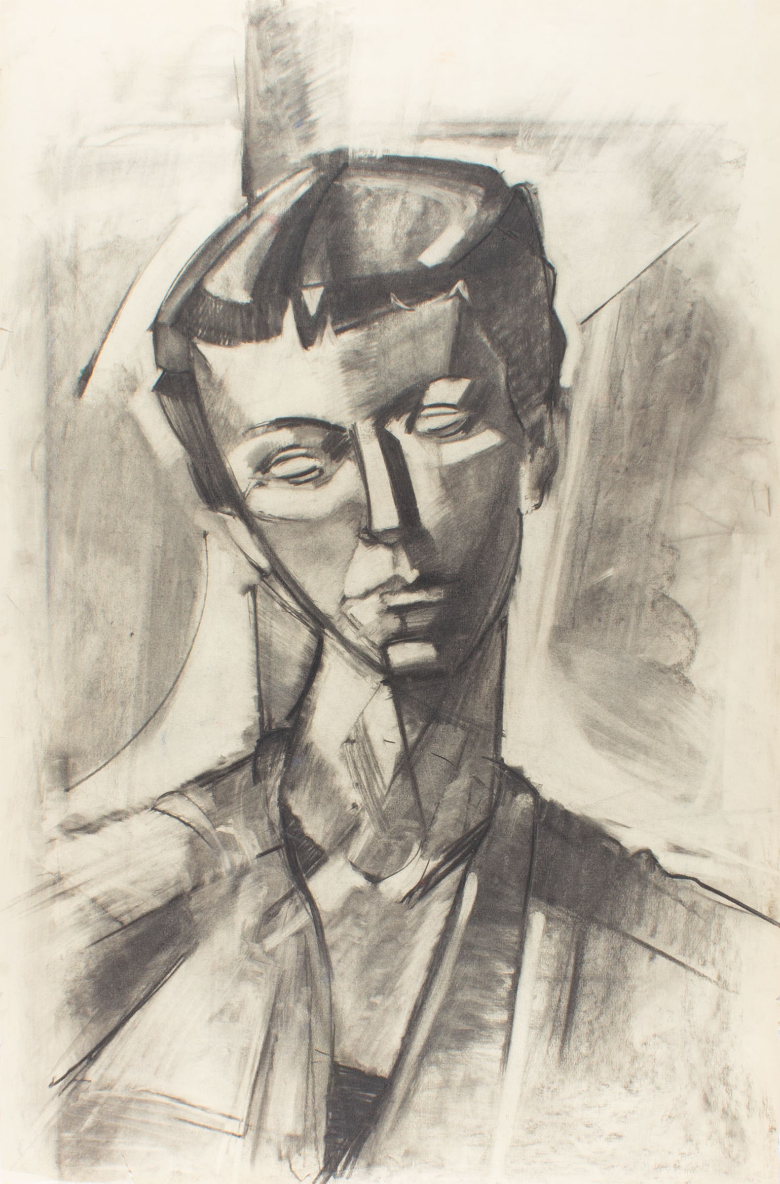 Walter Stomps Charcoal Portrait Drawing: Cubist style charcoal portrait drawing by Walter Stomps, Jr. (American; 1929-2020). Unsigned, estate stamped verso. Measurements: 26.25" W x 40" H. In house shipping