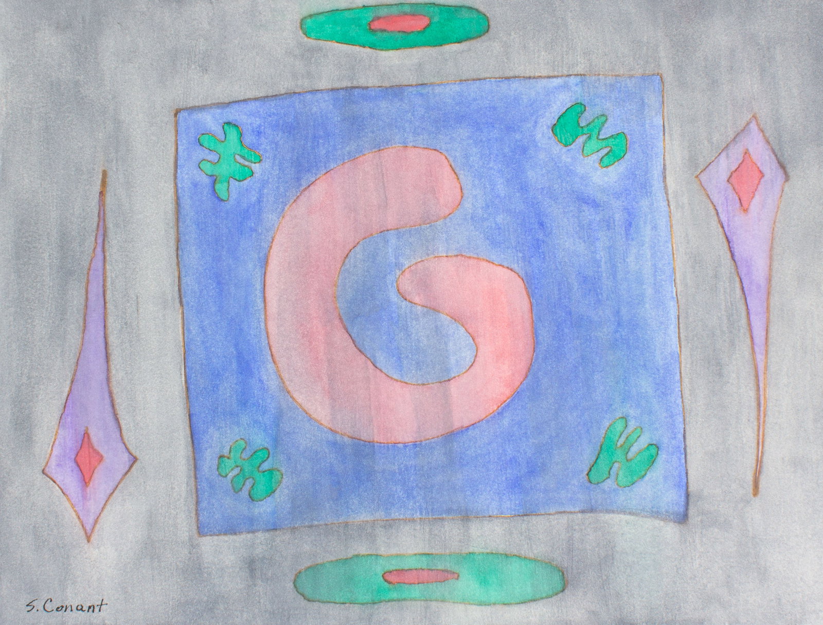 Steven Conant 1991 "Four People Playing Cards" Ink and Gouache Painting: 1991 ink and gouache on board abstract painting by Steven Conant (American; 20th/21st century). Titled Four People Playing Cards. Signed lower left, titled and dated verso. Measurements: 1