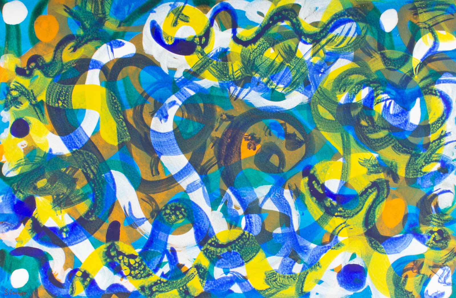Steven Conant 1992 Acrylic on Paper Painting: 1992 abstract acrylic on paper painting by Steven Conant (American; 20th/21st century). Signed to lower left and dated verso. Measurements: 10" W x 15" H. In house shipping av