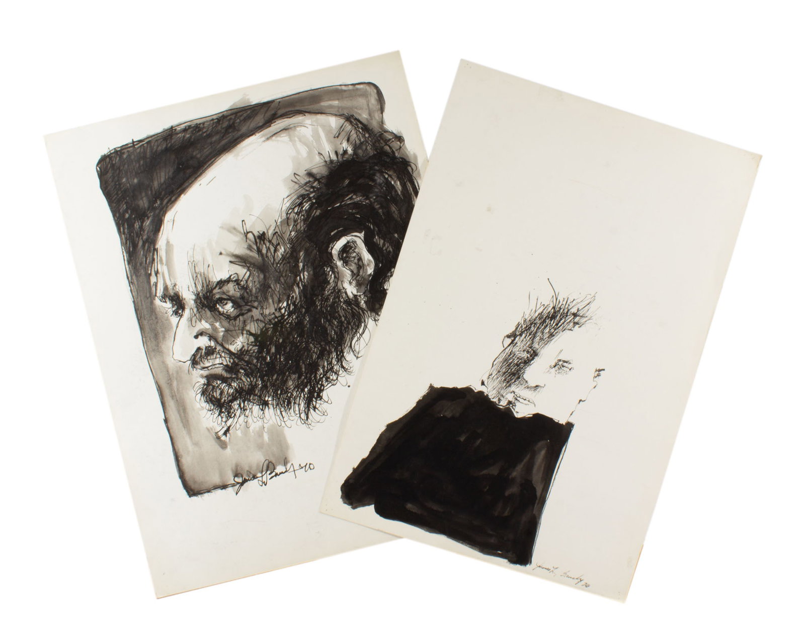 James L. Bruch 1970 Ink Portrait Paintings: Two ink portrait paintings by James L. Bruch (American; 1942-2023). Both paintings are signed and dated to lower edge. Measurements: 20" W x 26" H (largest sheet). In hous