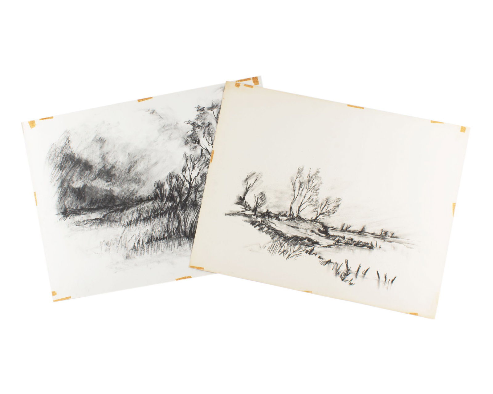 James L. Bruch Landscape Charcoal Drawings: Two charcoal landscape drawings on paper by James L. Bruch (American; 1942-2023). Unsigned, estate stamped verso. From the artist's estate. Measurements: 26" W x 20.5" H. &nb