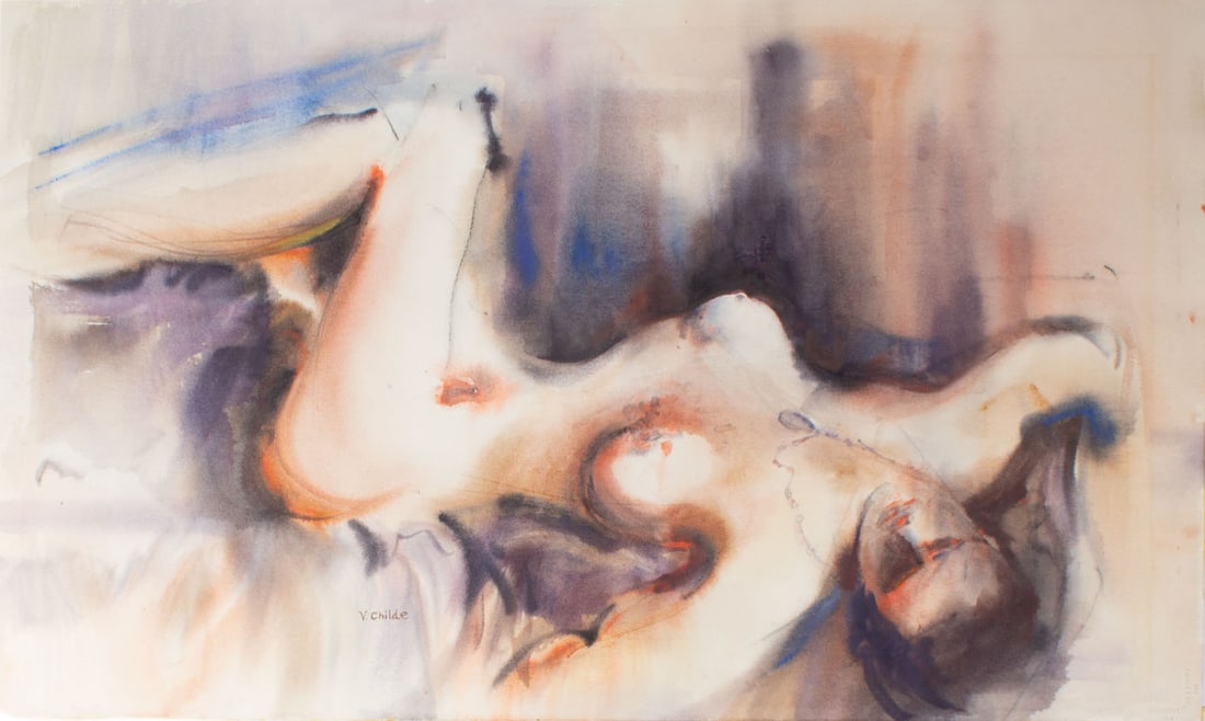 V. Childe Signed Watercolor Painting of a Nude: Watercolor painting signed "V. Childe". This work depicts a reclining nude figure against a blue, purple, pink, and orange background. Measurements: 30” W x 18.25&rdq