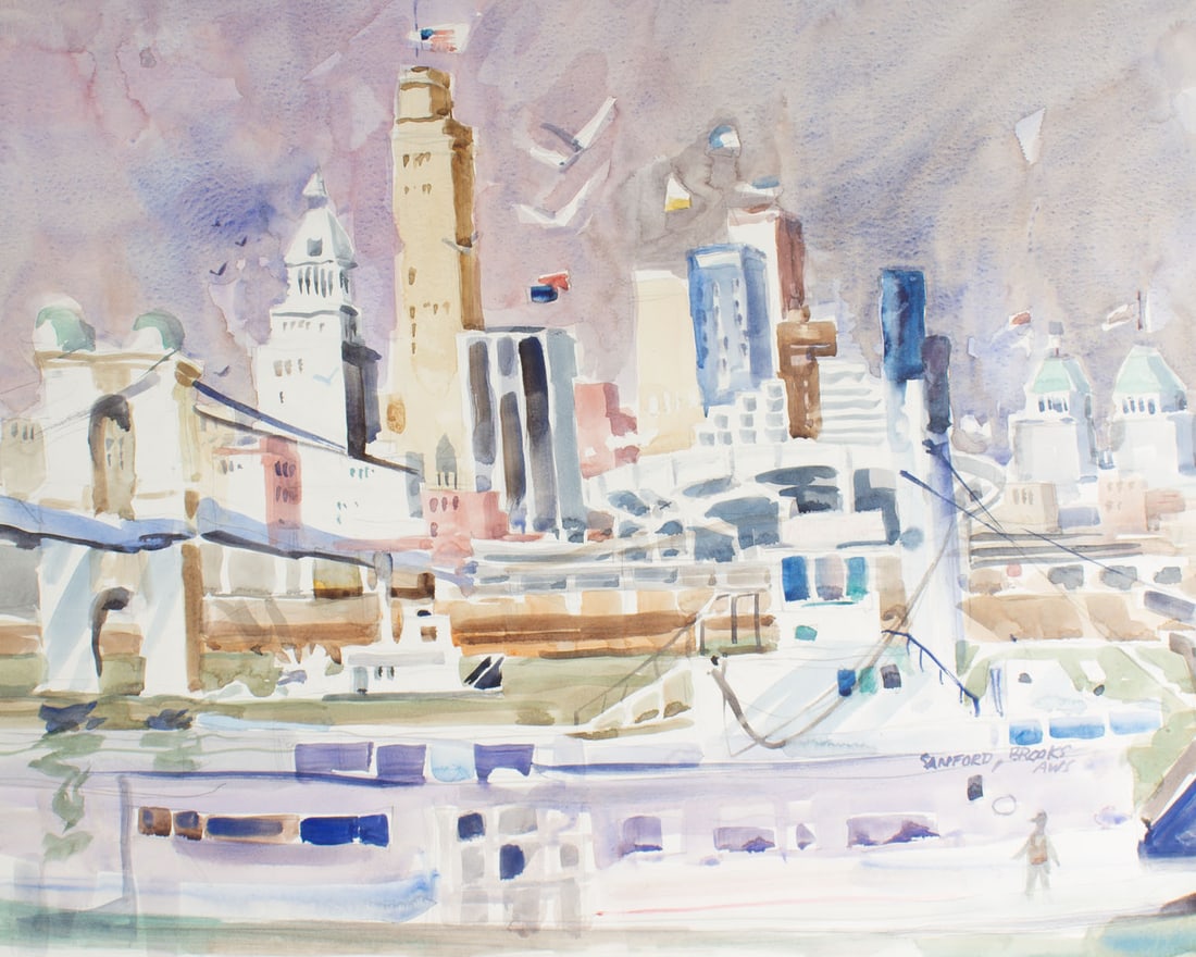 Sanford Brooks Signed Watercolor Painting of a City: Watercolor painting of a cityscape by Sanford Brooks (American; 1915-1994). Signed to the lower right. Measurements: 30” x 22.5”. In hous