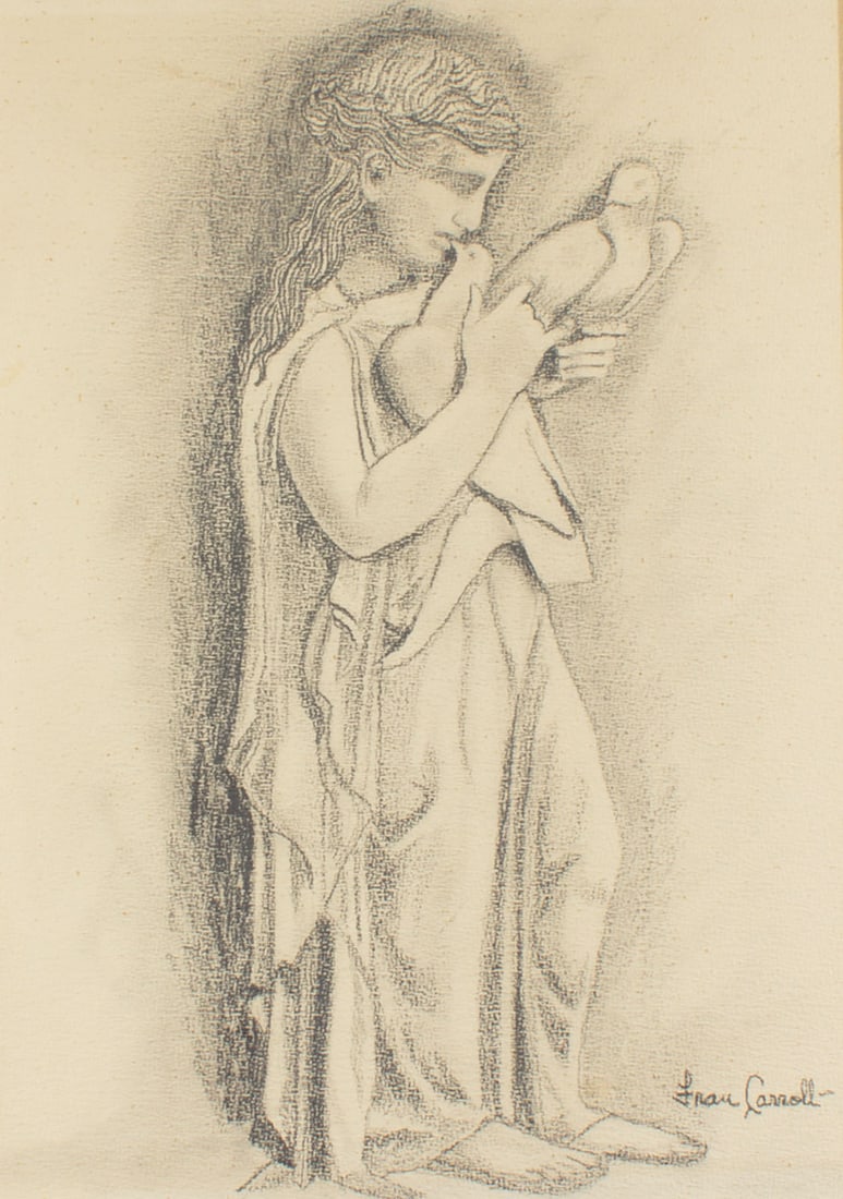 Fran Carroll Greco-Roman Style Charcoal Drawing: Charcoal drawing of a woman wearing a Greco-Roman style dress by Fran Carroll. Signed lower right. Measurements: 18" W x 24" H (mat board); 14.75" W x 17.75" H (sheet). &nbs