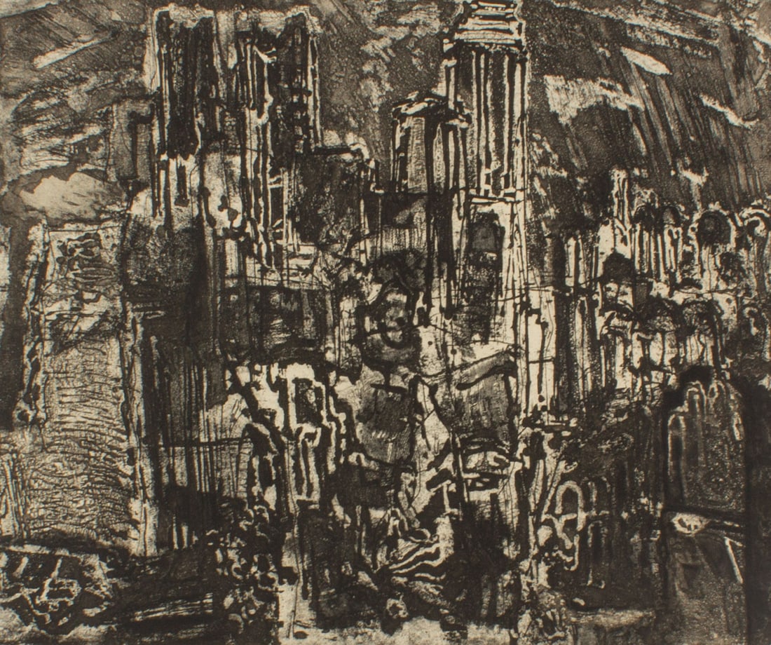 Rudy O. Pozzatti 1963 "Night in Etruria" Etching: 1963 etching titled Night in Etruria by Rudy O. Pozzatti (American; 1935-2021). Signed, dated, titled, and numbered 130/210 lower edge. Measurements: 20.5" W x 19" H