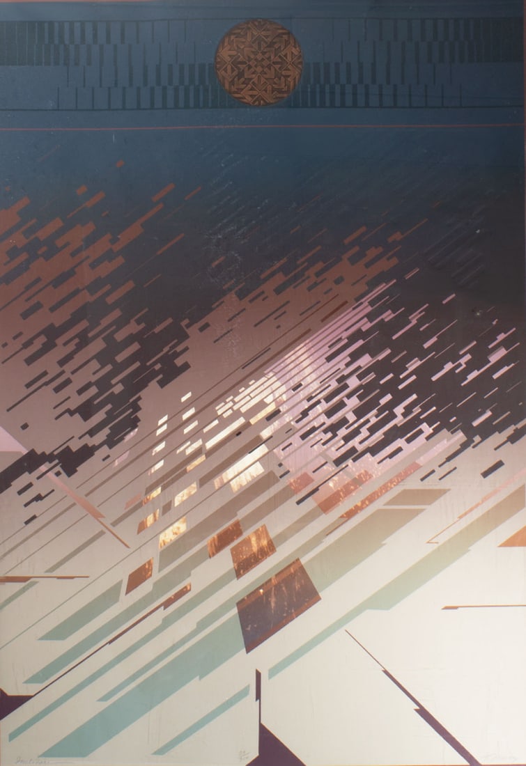 Don Munz "Inclinare" Abstract Screen Print with Embossing: Abstract screen print with embossing by Don Munz (American; born 1931). Signed, numbered 29/300, and titled lower edge. Measurements: 34" W x 47" H x 1.25" D (frame); 27.25"