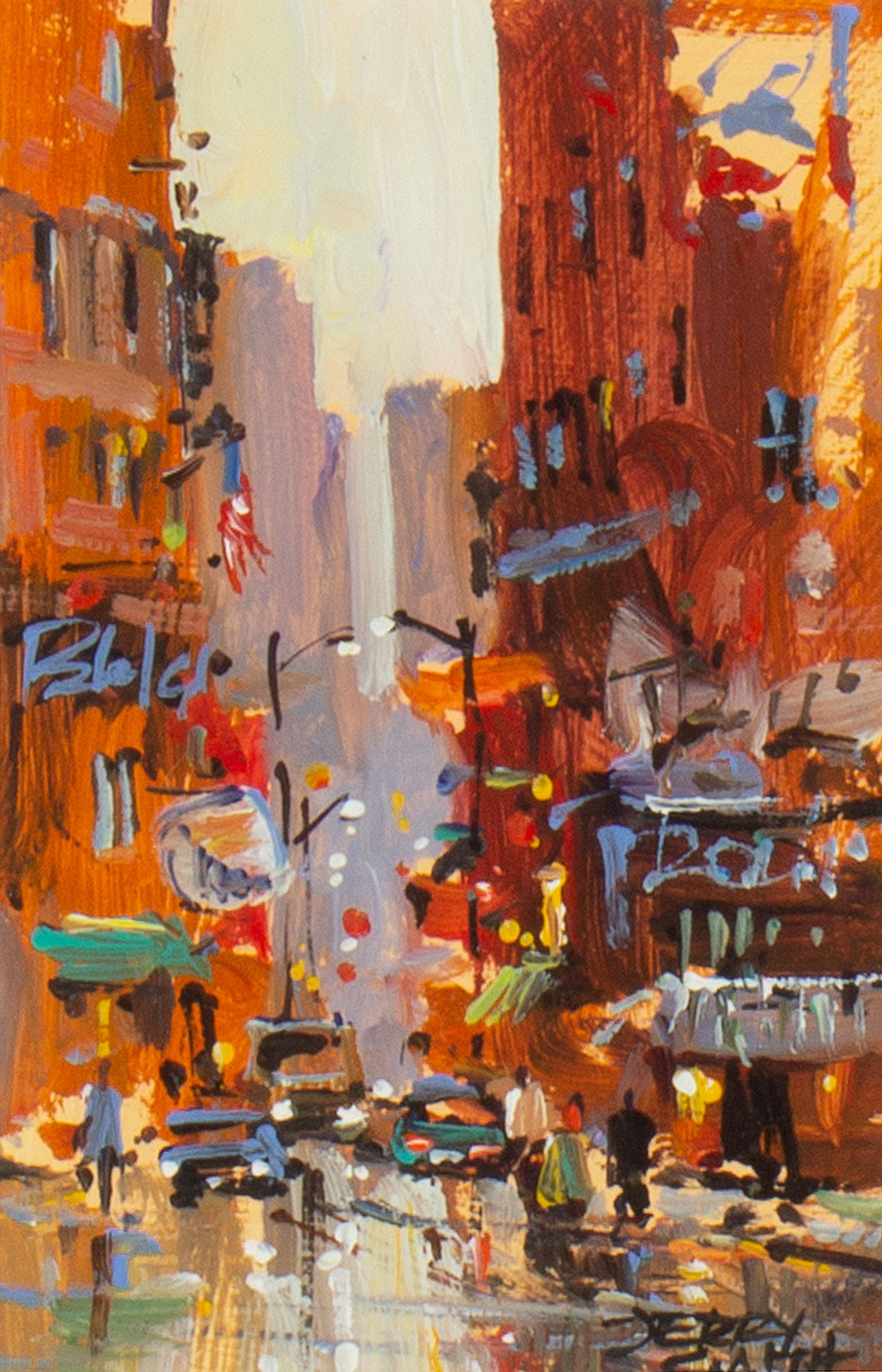 Jerry Smith Acrylic Painting of a City Street: Abstract acrylic painting of a city street by Indiana artist Jerry Smith (American; 1944). Signed lower right. Measurements: 9" W x 13" H x 1" D (frame); 3.75" W 5.75" 