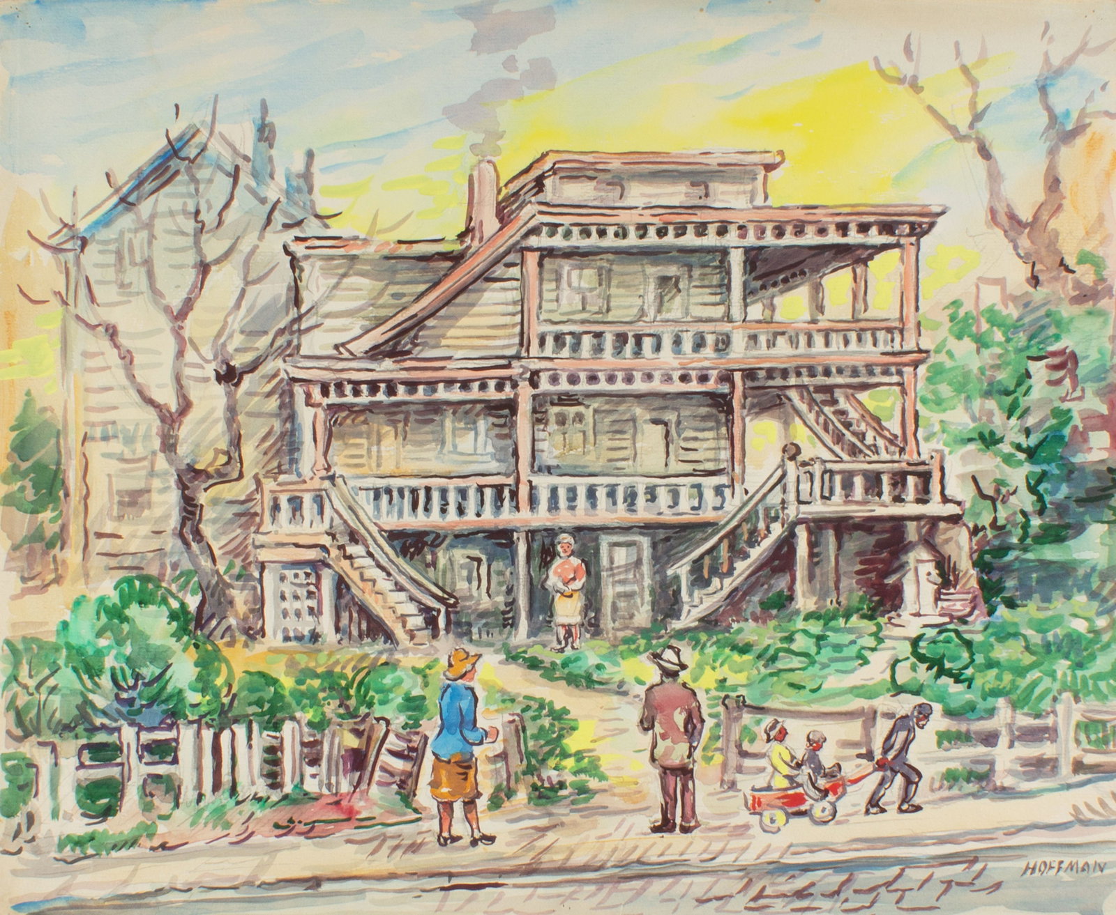 Oscar Hoffman Watercolor of a Street Scene: Watercolor painting of a street scene by Oscar Hoffman (American; 20th century). Signed lower right. Measurements: 28" W x 24" H (mat board); 22.75" W x 18.75" H (sheet).