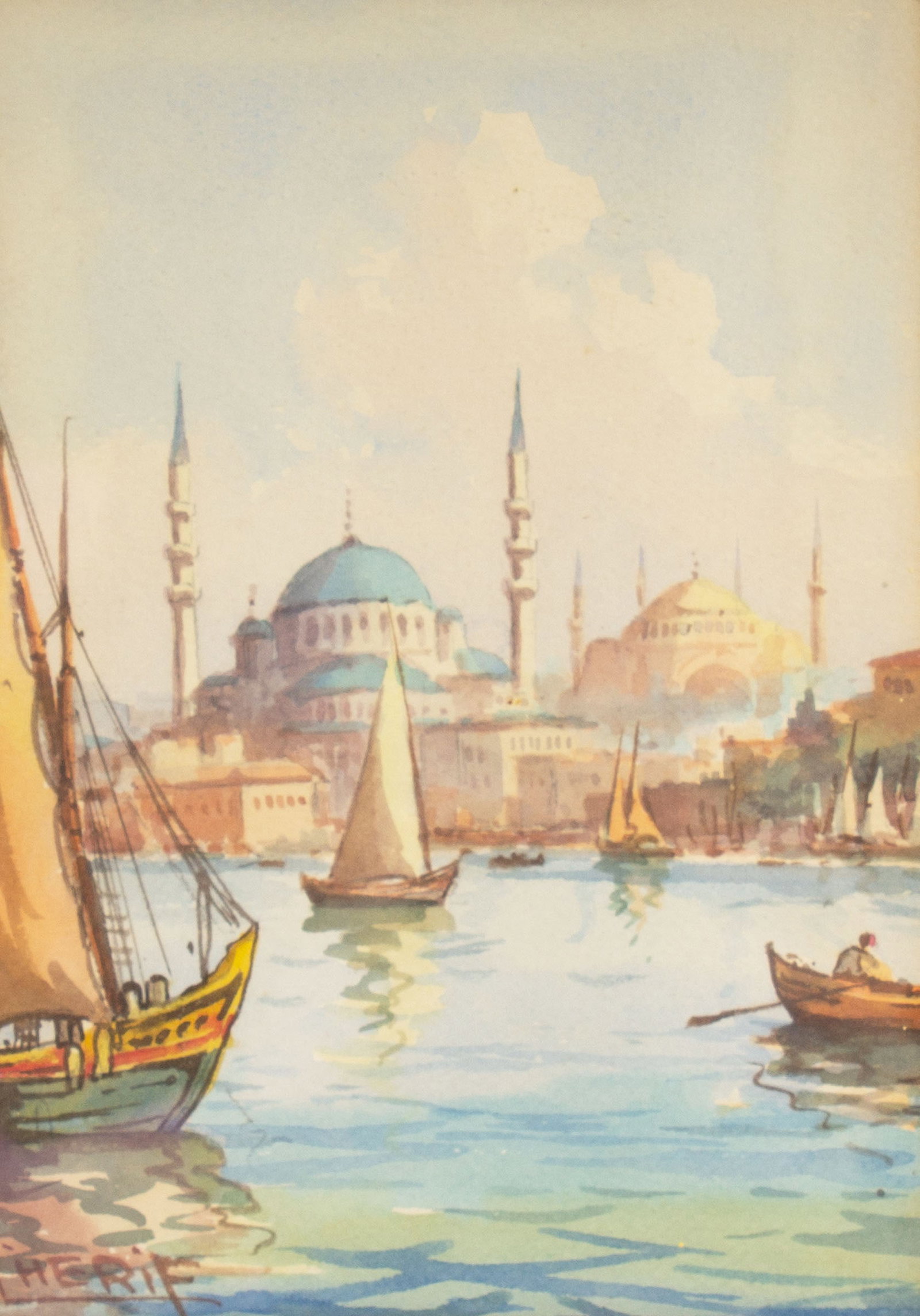 Serif Renkgorur Watercolor of Istanbul, Turkey: Watercolor painting of Istanbul, Turkey by Serif Renkgorur (Turkish; 1887-1947). Signed lower left. Measurements: 7.5" W x 10.5" H x 1" D; 5.25" W x 7.5" H