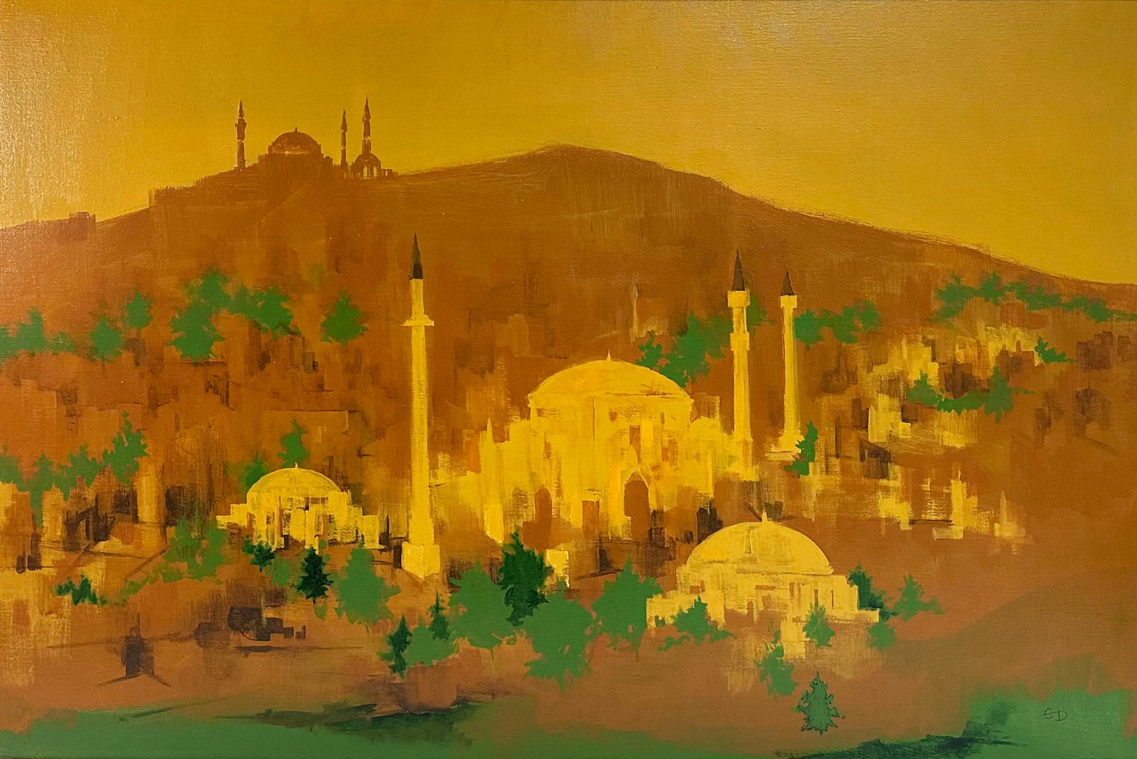 Ed Dougherty Oil on Canvas Painting of Mosques: Mid-century oil on canvas painting of mosques by Ed Dougherty. Signed "ED" lower right. Measurements: 49" W x 33" H x 1" D (frame). In house shipping available.