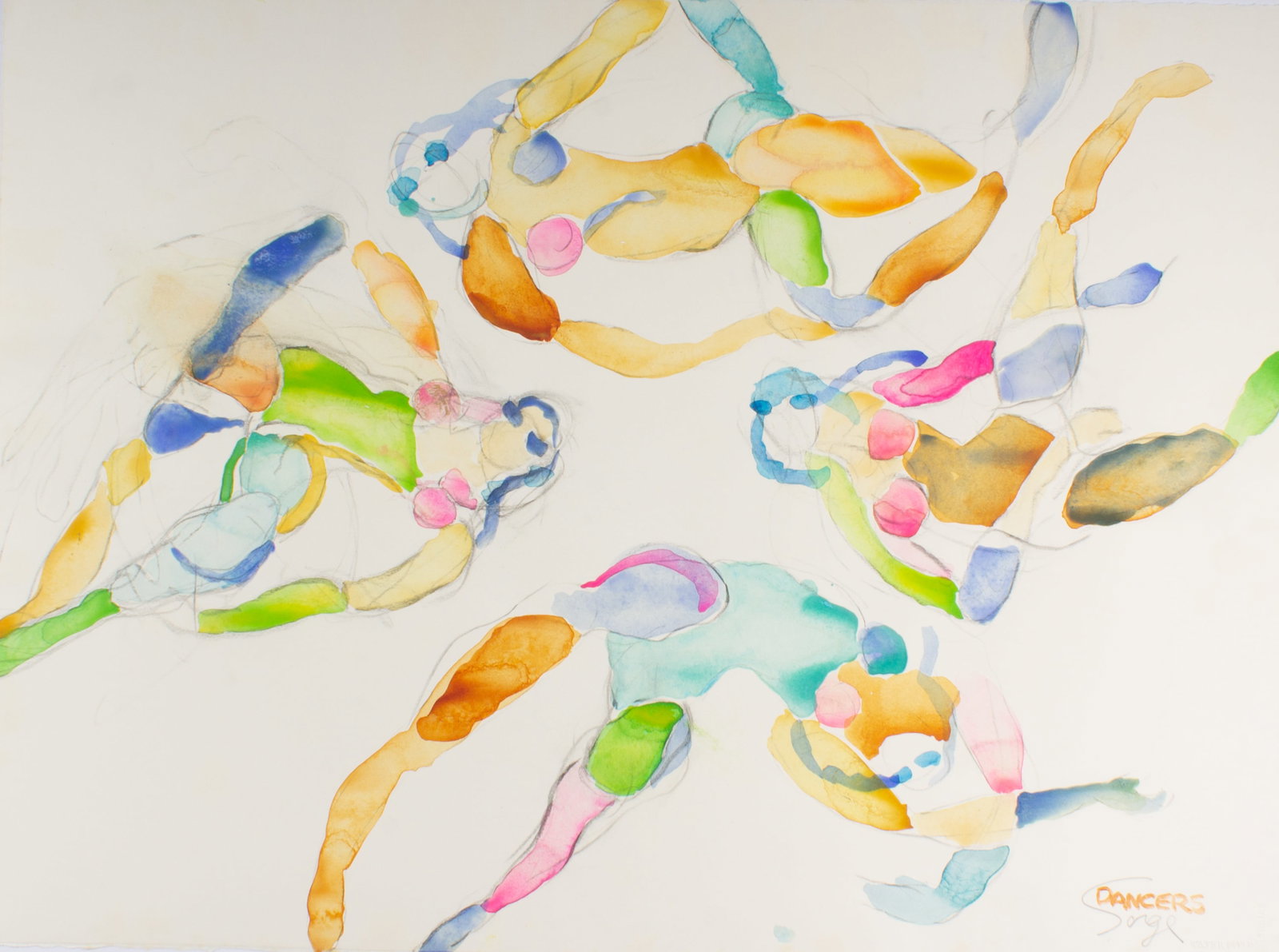 Walter Sorge "Dancers" Abstract Watercolor Painting: Abstract watercolor painting with charcoal titled Dancers by Walter Sorge (Canadian; 1931-2021). Signed and titled lower right. Measurements: 30" W x 22.25" H (sheet). In house shipping available.