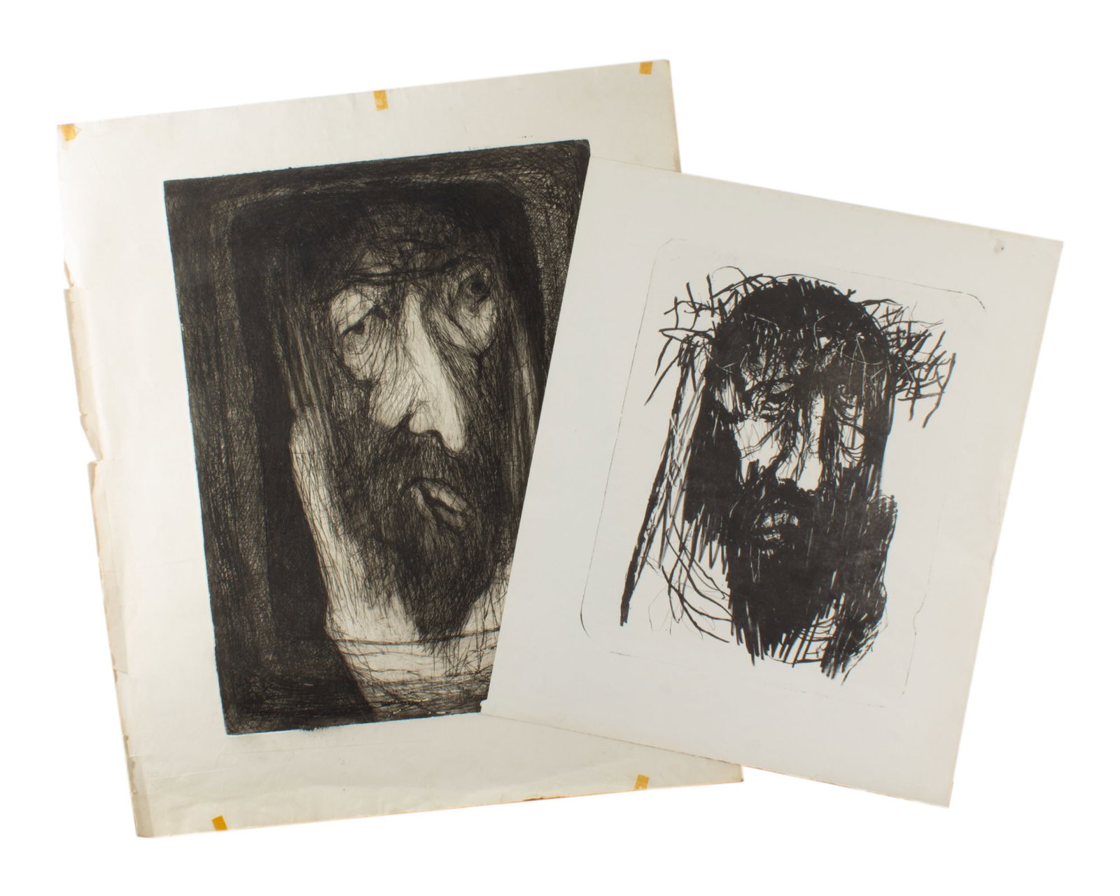 James L. Bruch 1960s Prints of Christ: An etching and lithograph print from the 1960s of Christ by James L. Bruch (American; 1942-2023). Unsigned, estate stamped verso. From the artist's estate. Measurements: 26" W x