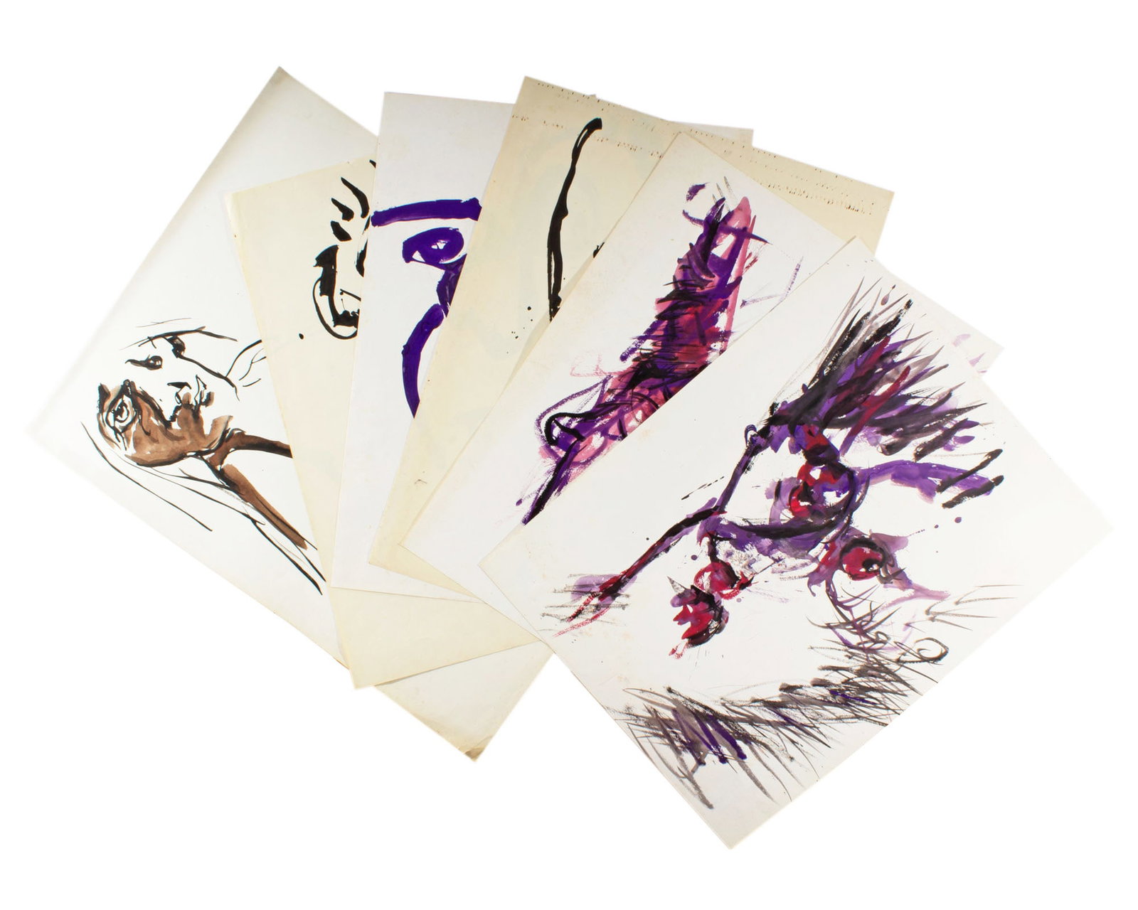 James L. Bruch Abstract Paintings: Group of six abstract paintings by James L. Bruch (American; 1942-2023). Paintings are unsigned but each estate stamped verso. Measurements: 21.75" W x 26" H (largest sheet). In house shipping