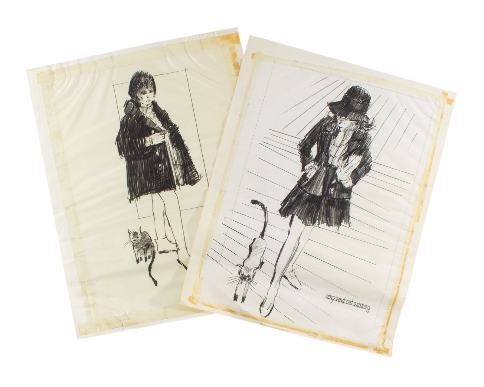 James L. Bruch 1960s Charcoal Drawings of Woman with Cat: Two 1960s charcoal drawings of a woman and a cat on paper by James L. Bruch (American; 1942-2023). One is signed and dated. One is unsigned, estate stamped verso. Both from the artist's estate. Measur