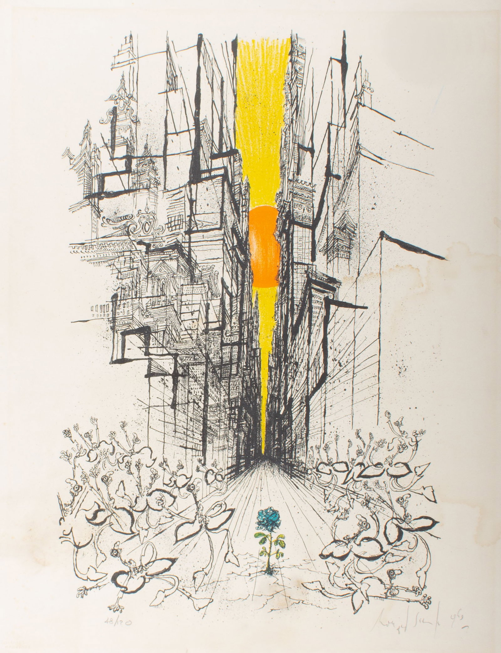 Ronald Searle 1969 "The Thing from Underground" Lithograph: 1969 lithograph titled The Thing from Underground by Ronald Searle (British; 1920-2011). Signed, dated, numbered 48/120 lower edge. Measurements: 20" W x 26" H. In