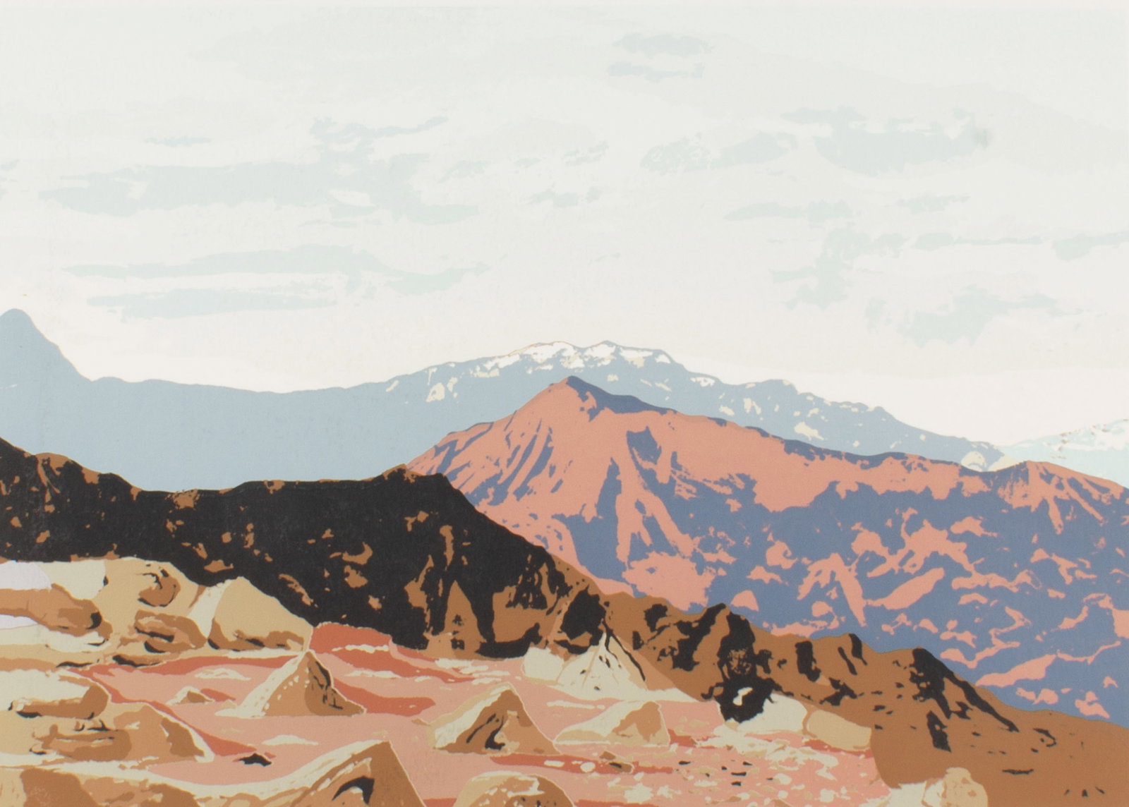 Anthony Louis Popcheff Landscape Screen Print: Limited edition screen print of a mountain, titled P.S.C.A., by Anthony Popcheff (American; 1954-2000). Signed, titled, and numbered 1/20 lower edge. Measurements: 18" W x 14" H (sheet); 14" w x 9.75"