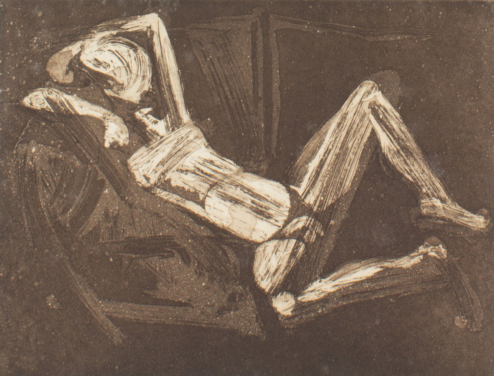Robert C. Ray 1974 "Hodaka" Aquatint Print: 1974 abstract aquatint print of a figure, titled Hodaka, by Robert C. Ray (American; 1926-2020). Signed, dated, and titled to lower edge. Measurements: 19" W x 14" H (mat board); 11.75" W x 8.75" H (p