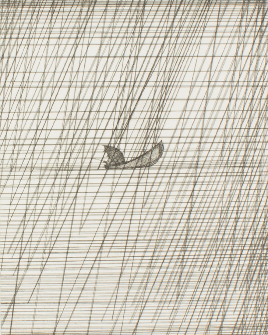 Art Hansen 1982 “Fisherman in a Rainstorm" Etching: 1982 etching titled Fisherman in a Rainstorm by Art Hansen (American; 1929-2017). Signed, dated, titled, and numbered 180/250 to lower edge. Measurements: 12.5" W x 15" H (sheet); 7.75" x 9.75" H
