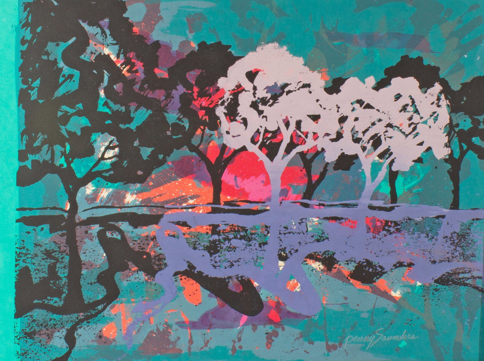 Penny Saunders "Trees" Abstract Screen Print: Abstract screen print titled Trees by Penny Saunders (American; 20th/21st century). Signed lower right, titled verso. Measurements: 27.75" W x 22" H (mat board); 21.75"