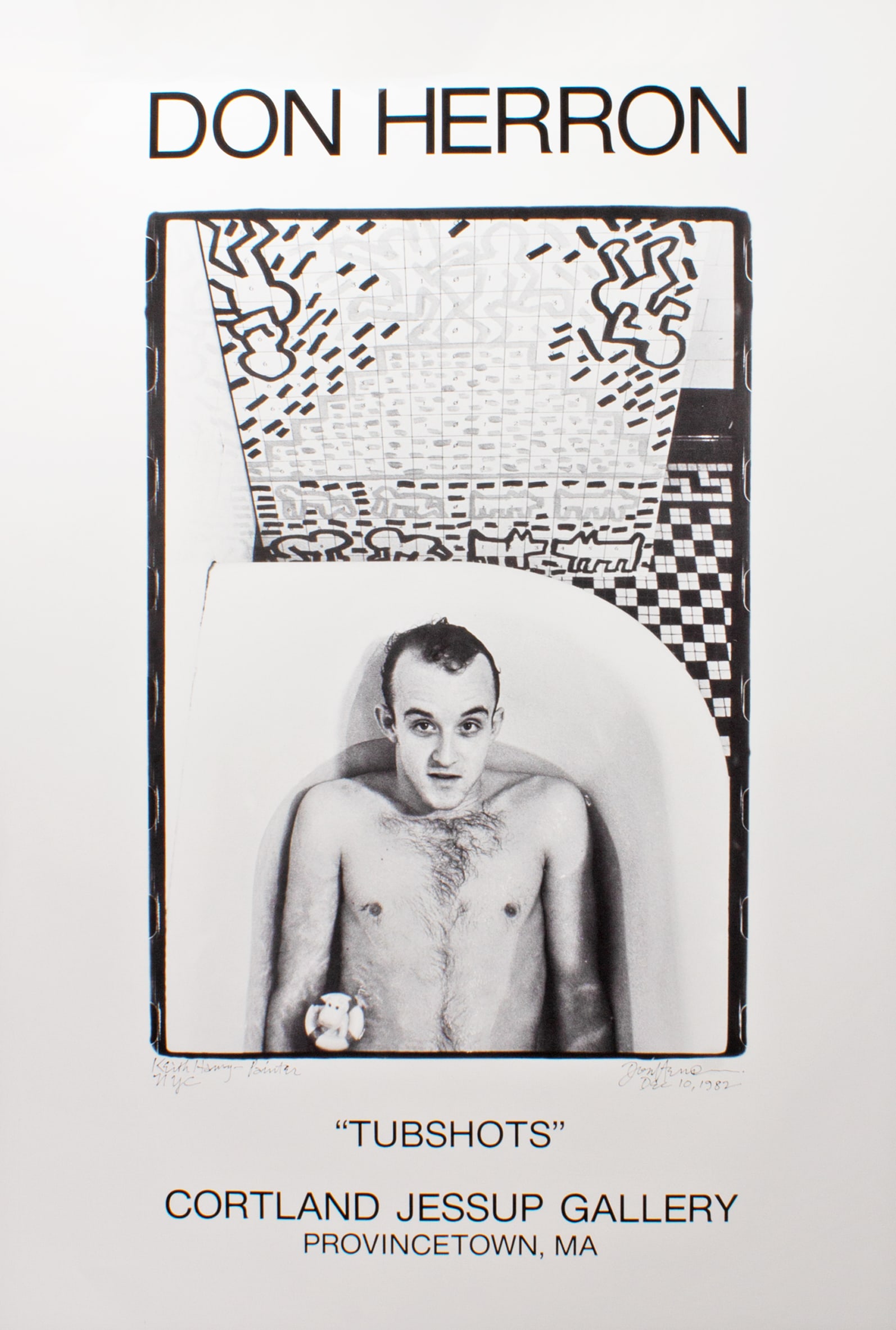 Don Herron 1991 “Tubshots?? Keith Haring Exhibition Poster: 1991 exhibition poster for the show Tubshots with works by photographer Don Herron (American; 1941-2012) held at the Cortland Jessup Gallery in Provincetown, MA. The poster depicts American 