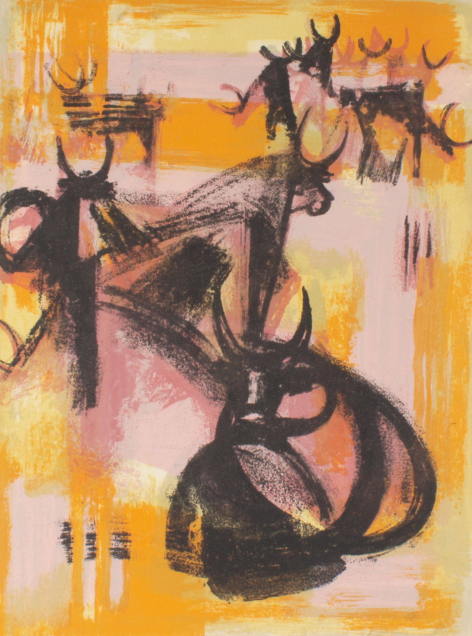 Maurice Sarthou Abstract Lithograph of Bulls: Mid-century abstract lithograph of bulls by Maurice Ellis Sarthiere (French; 1911-1999). Signed and numbered 127/220 to lower edge. Measurements: 15.5" W x 21.25" H (board); 13.25" W x 18.25" H (image