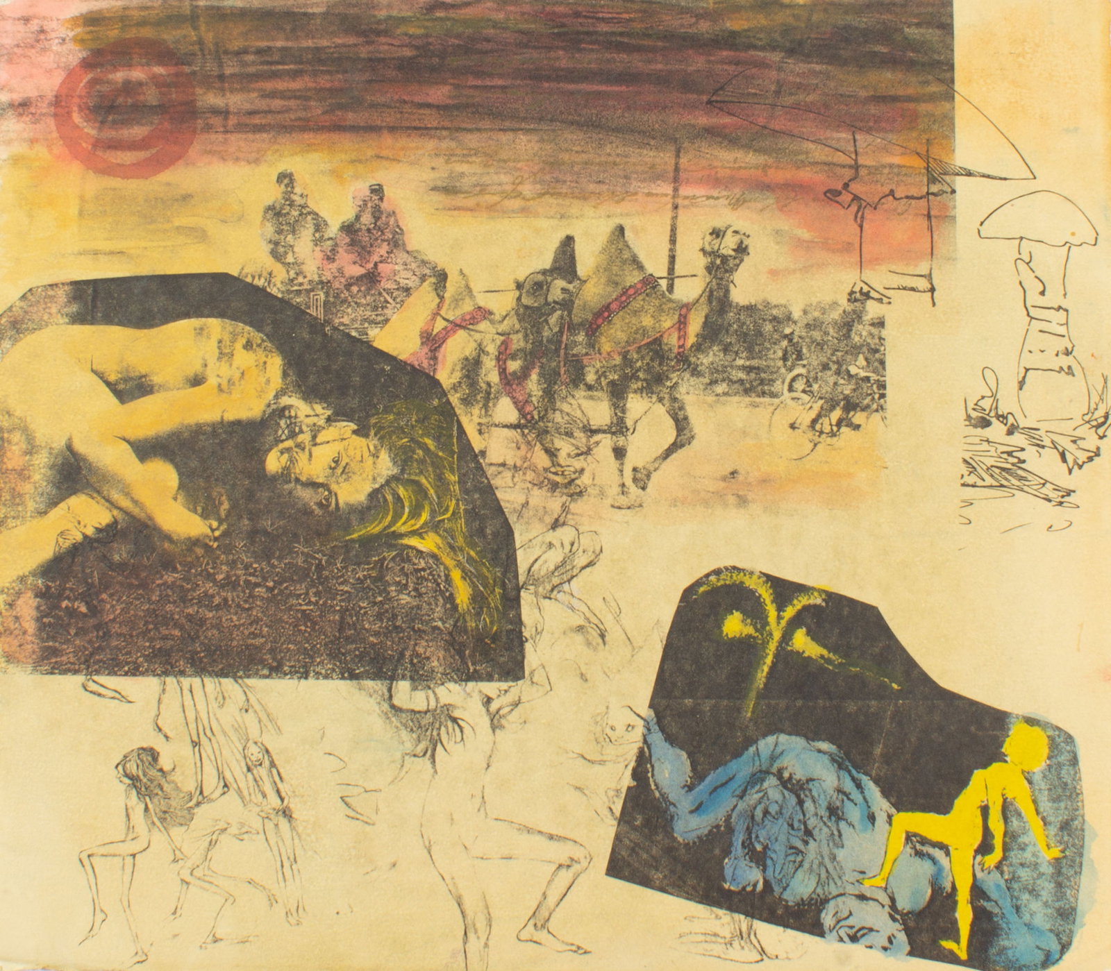 Raina Gentry Attrib. Abstract Lithograph Print: Abstract lithograph print. Unsigned, note attached verso attributes the work to Raina Gentry. Measurements: 12" W x 10.75" H In house shipping available. 