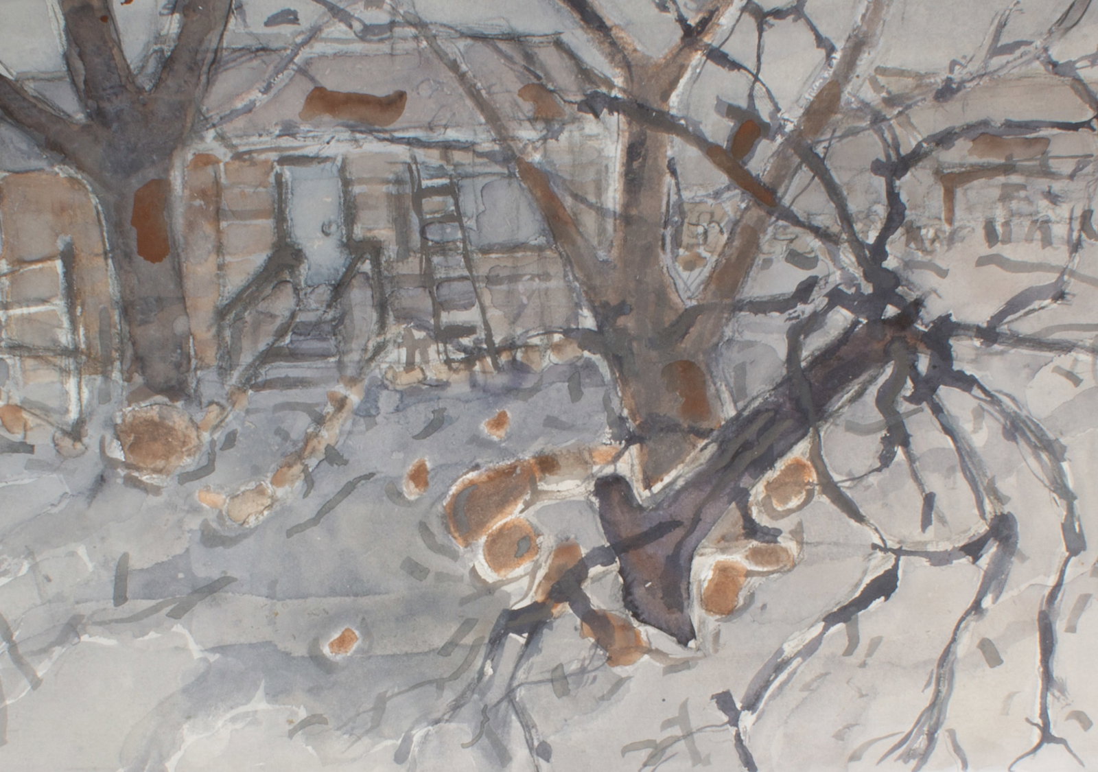 Walter Sorge Watercolor Painting of a House: Watercolor painting of a house and fallen trees by Walter Sorge (Canadian; 1931-2021). Unsigned, from the artist's estate. Measurements: 27.5" W x 19.75" H (sheet); 24.75" W x 17." H (image). In house