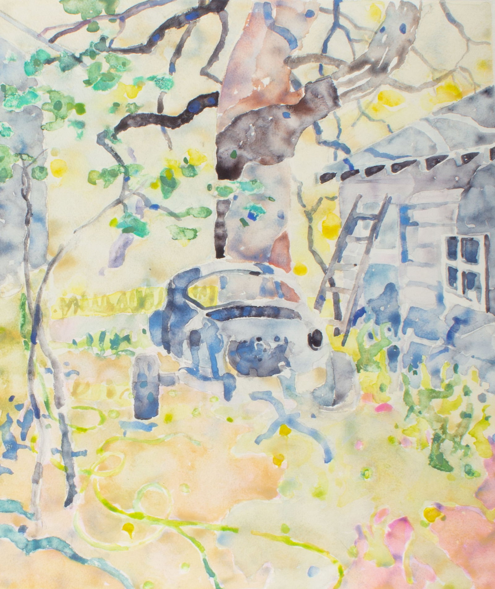 Walter Sorge Watercolor Painting of a Yard: Watercolor painting of a yard by Walter Sorge (Canadian; 1931-2021). Unsigned, from the artist's estate. Measurements: 20" W x 24.5" H (sheet); 16" W x 19" H. 