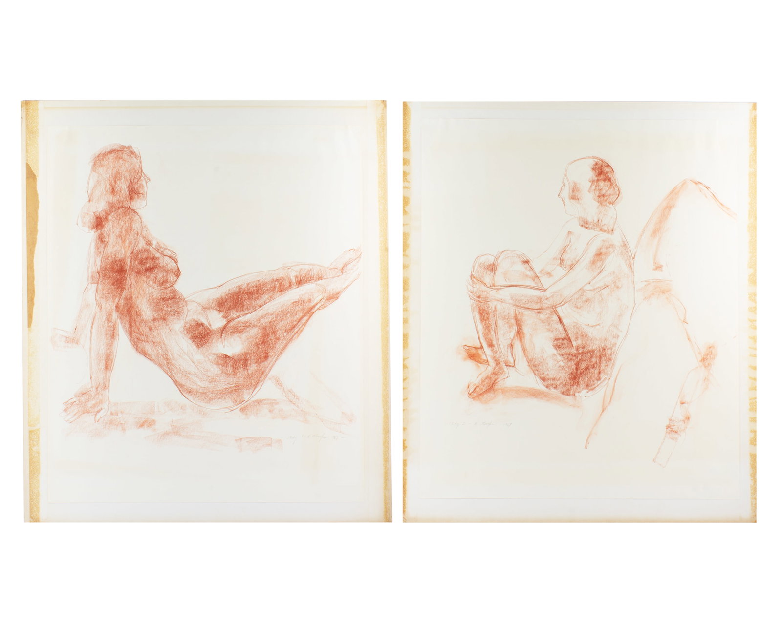 Walter Stomps 1967 Conte Crayon Nude Figure Drawings: Two 1967 conte crayon drawings of nude female figures by Walter Stomps, Jr. (American; 20th/21st century). Both are signed and dated to the lower edge. Measurements: 29.75" W x 34.5" 