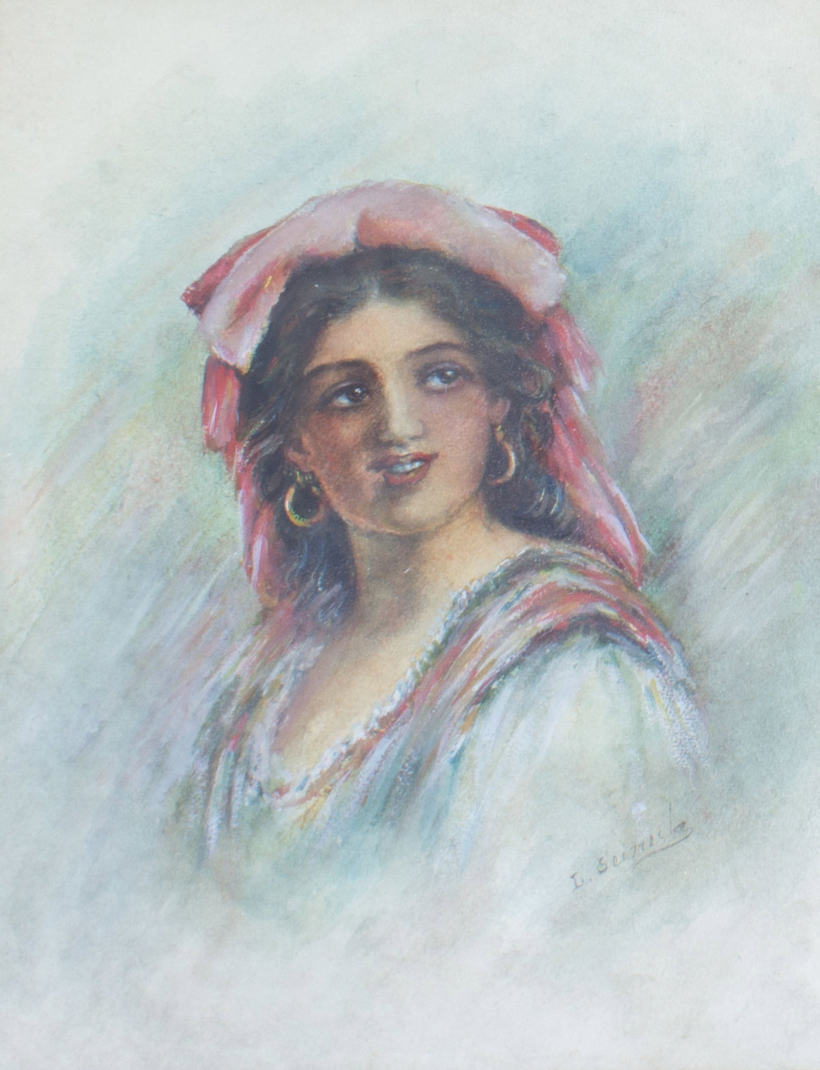 Louise Seinecke Antique Gouache Portrait Painting: Antique gouache portrait painting by Louise Seinecke, an early 20th century Ohio artist. Signed lower right. Measurements: 19" W x 22" H x 1.25" D (frame); 11" W x