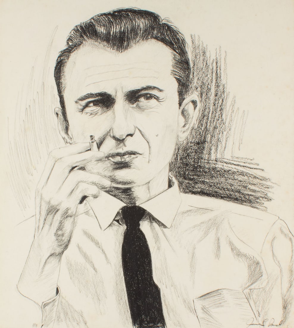 James L. Bruch 1960s Charcoal Drawing of a Man Smoking (1 of 5)