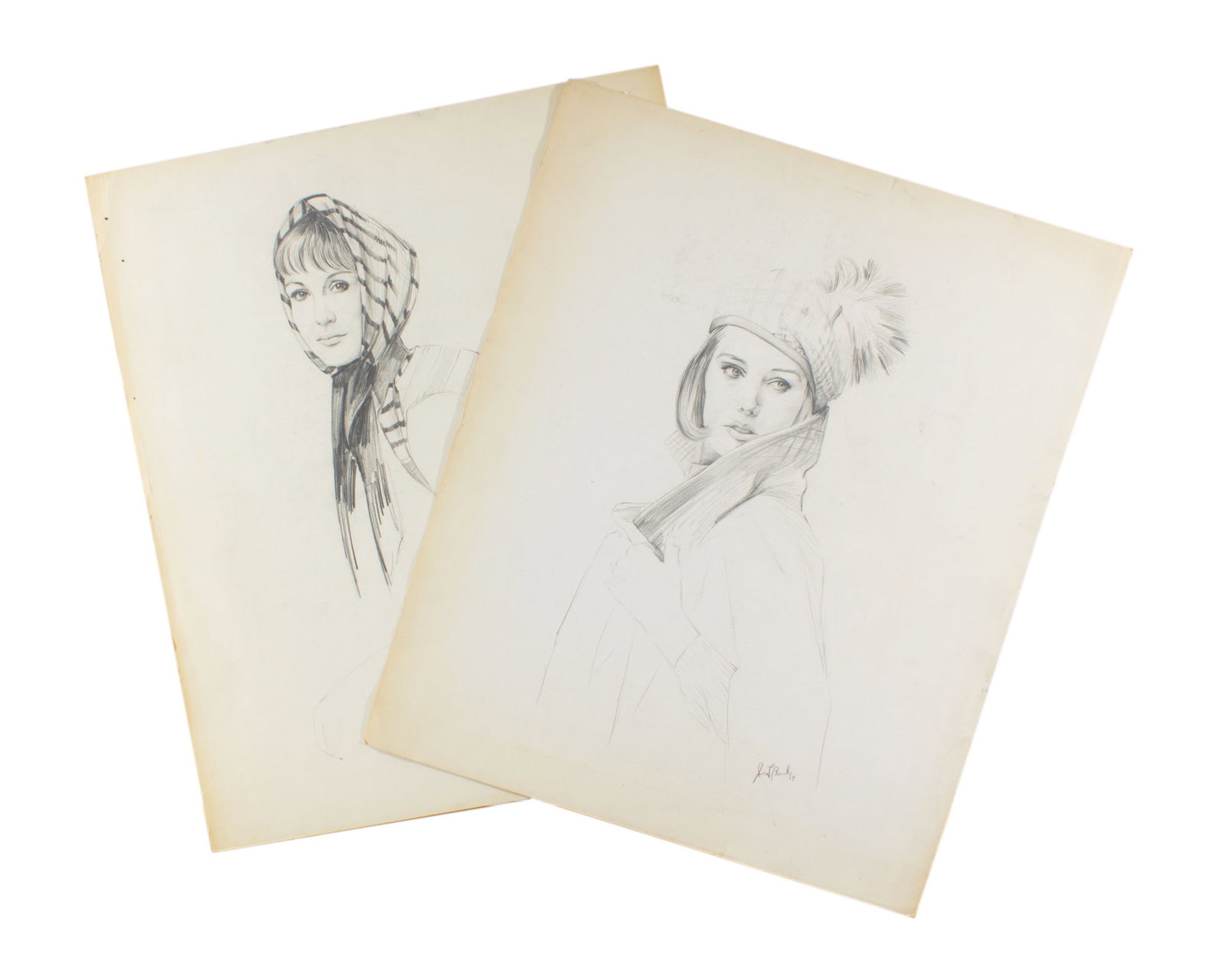 James L. Bruch 1960s Graphite Portrait Drawings: Two graphite portrait drawings of a woman from the 1960s by James L. Bruch (American; 1942-2023). One is signed and dated to bottom right. The other unsigned, estate stamped verso. Both from the artis