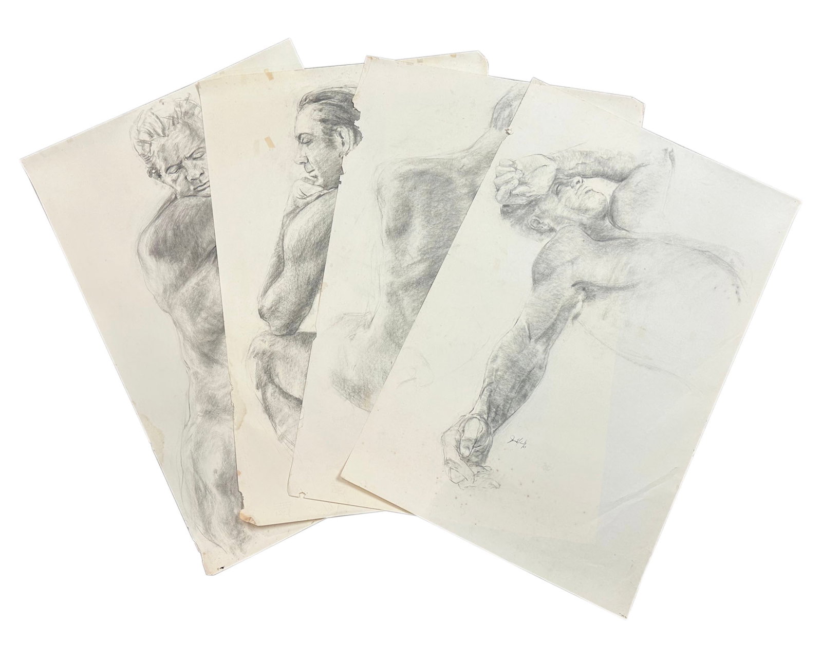 James L. Bruch Figural Drawings: Four drawings on paper of figures by James L. Bruch (American; 1942-2023). One drawing signed and dated 1965. Three are unsigned but estate stamped verso. From the artist's estate. 